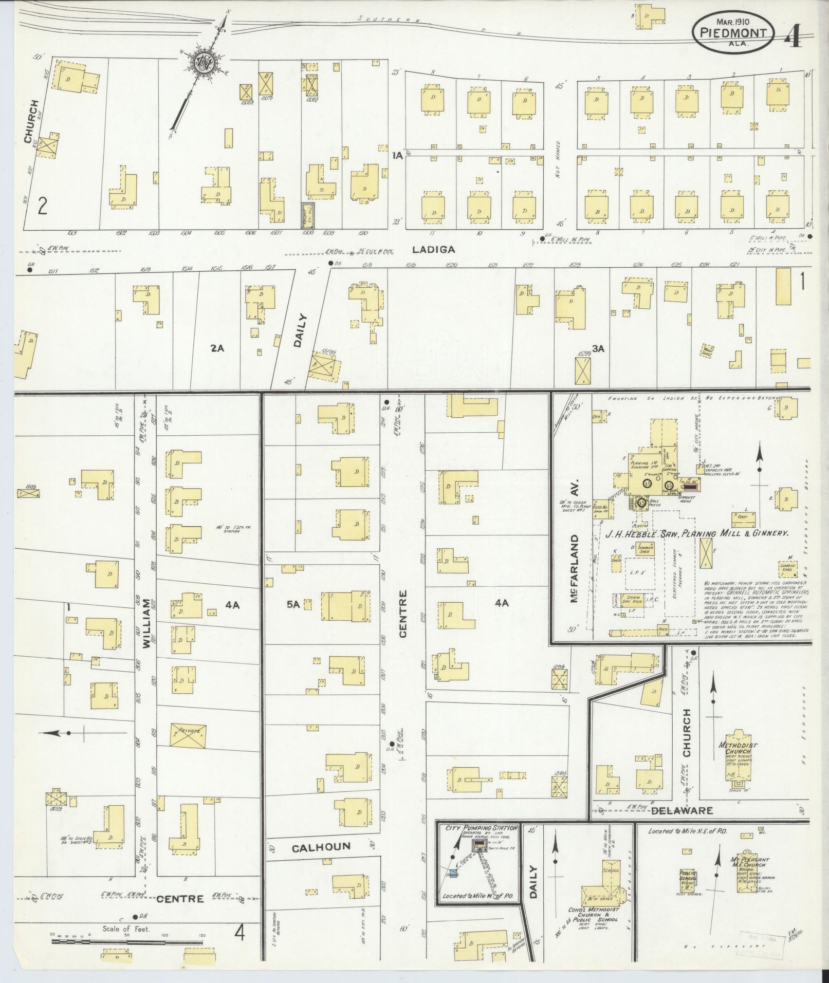 Sanborn Fire Insurance Map from Piedmont, Calhoun County, Alabama (1910), Sheet #0004 - Historic Sanborn Fire Insurance Map Print, vintage old map wall art, antique decor, genealogy gift, Alabama Alabama map