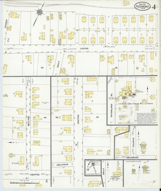 Sanborn Fire Insurance Map from Piedmont, Calhoun County, Alabama (1910), Sheet #0004 - Historic Sanborn Fire Insurance Map Print, vintage old map wall art, antique decor, genealogy gift, Alabama Alabama map