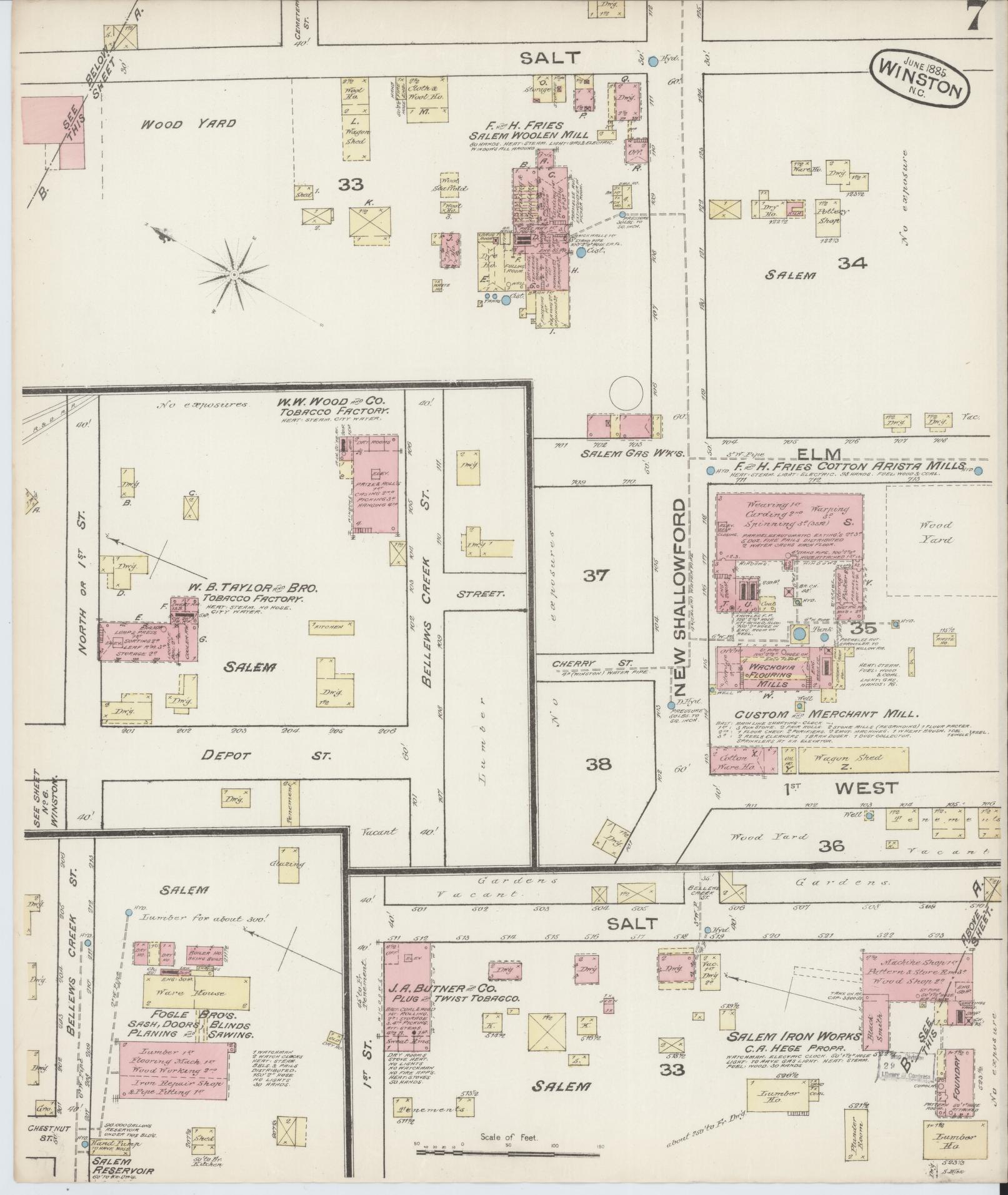 Sanborn Fire Insurance Map from Winston-Salem, Forsyth County, North Carolina (1885), Sheet #0007 - Complete Map Set gallery image, historic Sanborn map, vintage wall art, North Carolina North Carolina