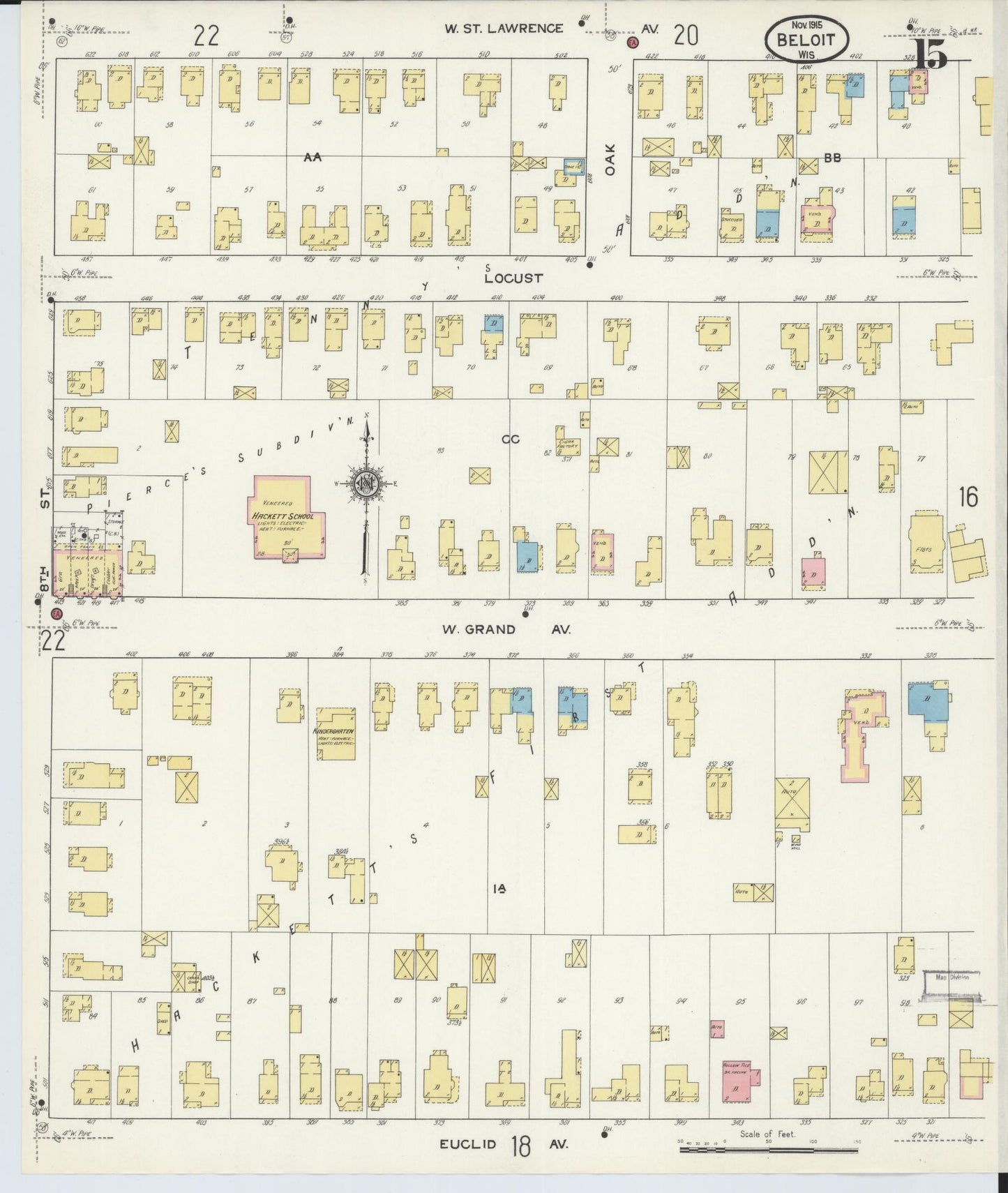 Sanborn Fire Insurance Map from Beloit, Rock County, Wisconsin (1915), Sheet #0015 - Historic Sanborn Fire Insurance Map Print, vintage old map wall art, antique decor, genealogy gift, Wisconsin Wisconsin map