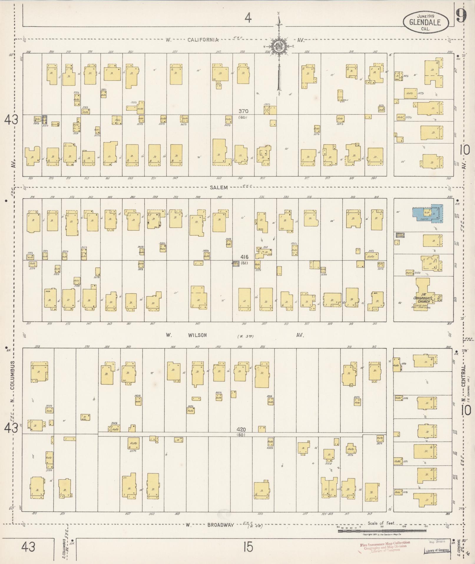 Sanborn Fire Insurance Map from Glendale, Los Angeles County, California (1919), Sheet #0009 - Historic Sanborn Fire Insurance Map Print, vintage old map wall art, antique decor, genealogy gift, California California map