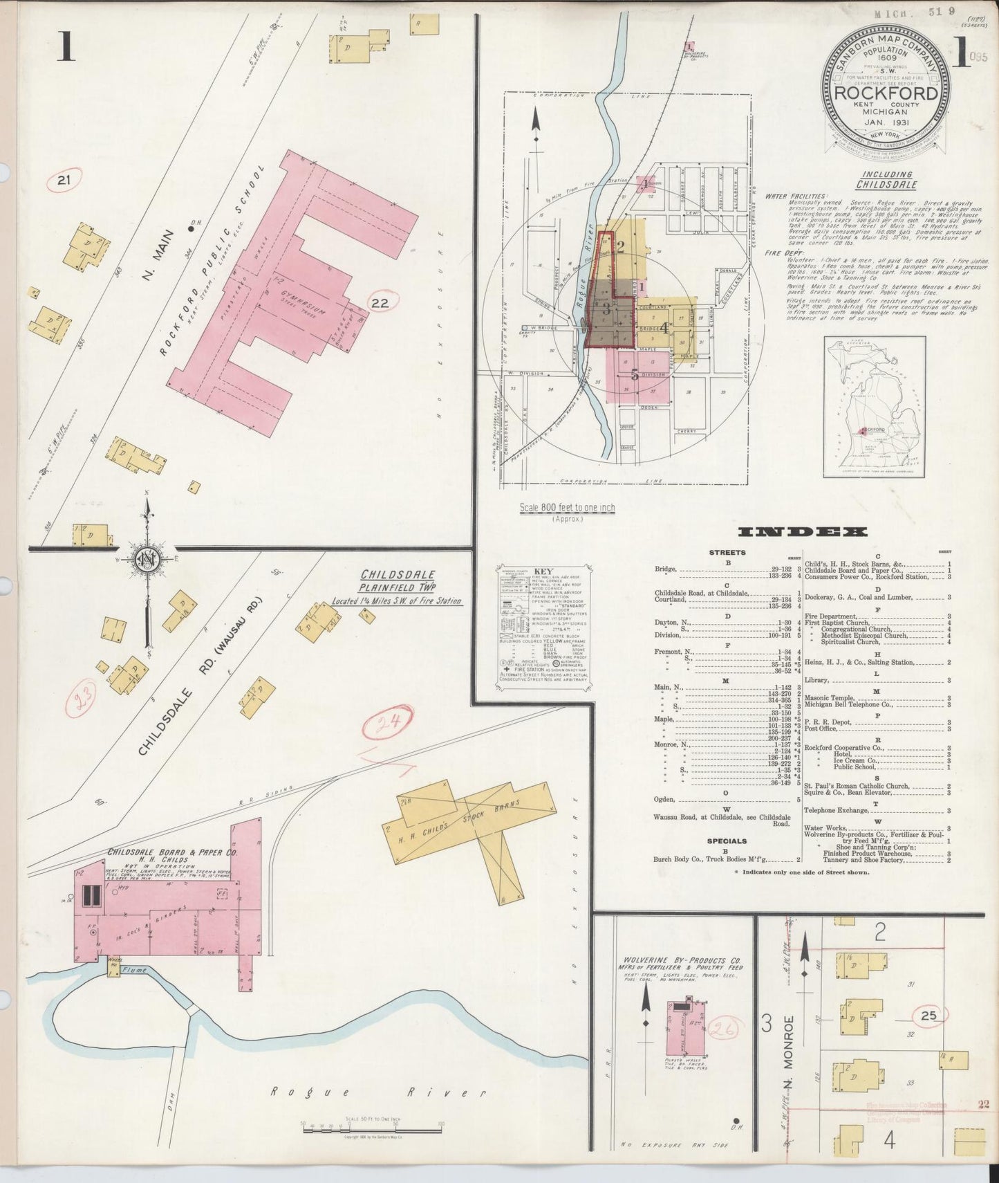Sanborn Fire Insurance Map from Rockford, Kent County, Michigan (1931), Sheet #0001 - Complete Map Set gallery image, historic Sanborn map, vintage wall art, Michigan Michigan