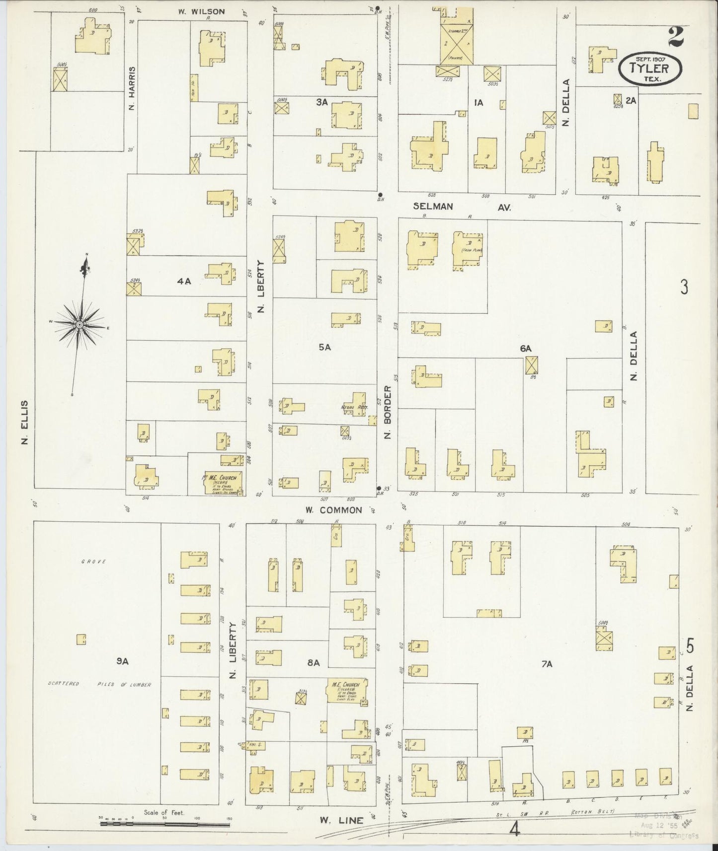 Sanborn Fire Insurance Map from Tyler, Smith County, Texas (1907), Sheet #0002 - Complete Map Set gallery image, historic Sanborn map, vintage wall art, Texas Texas