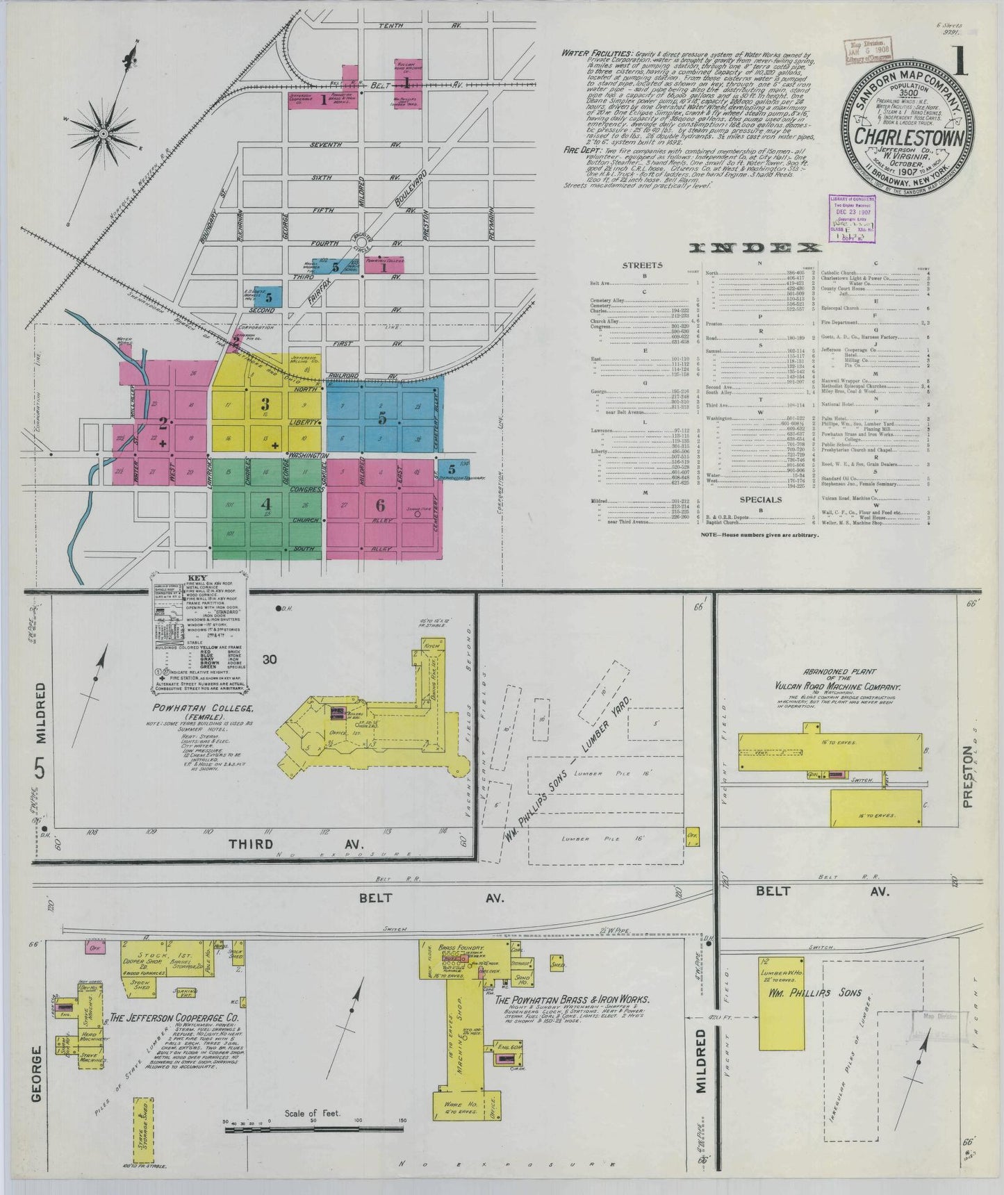 Sanborn Fire Insurance Map from Charles Town, Jefferson County, West Virginia (1907), Sheet #0001 - Complete Map Set gallery image, historic Sanborn map, vintage wall art, West Virginia West Virginia