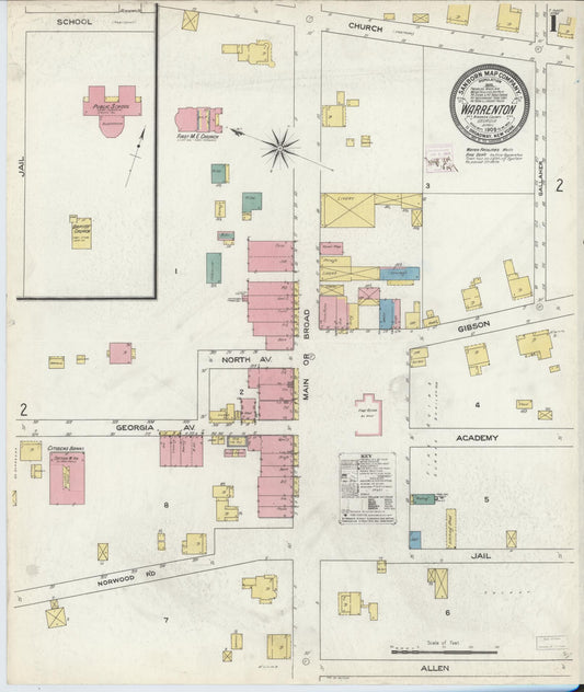 Sanborn Fire Insurance Map from Warrenton, Warren County, Georgia (1909), Sheet #0001 - Complete Map Set gallery image, historic Sanborn map, vintage wall art, Georgia Georgia