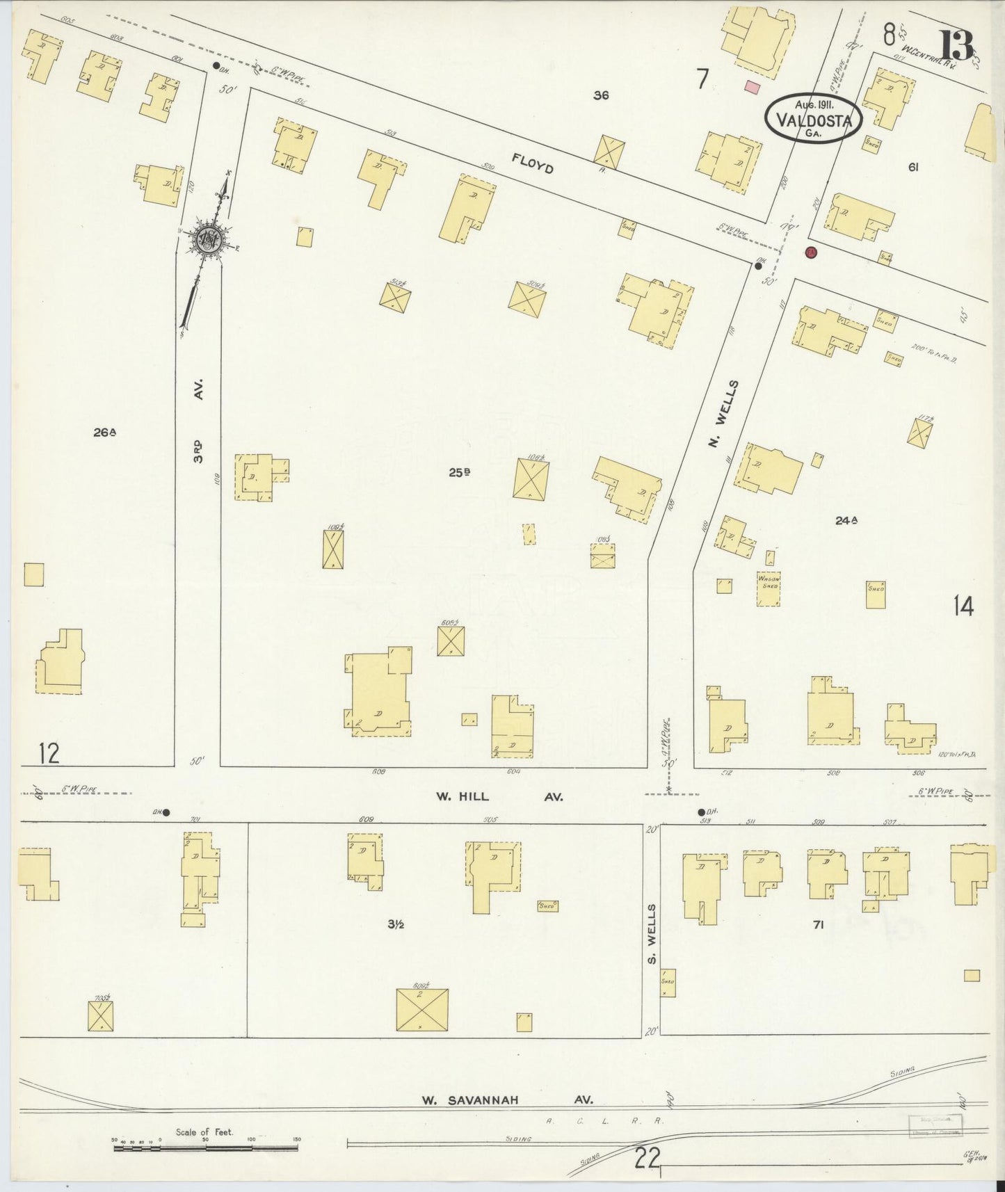 Sanborn Fire Insurance Map from Valdosta, Lowndes County, Georgia (1911), Sheet #0013 - Historic Sanborn Fire Insurance Map Print, vintage old map wall art, antique decor, genealogy gift, Georgia Georgia map