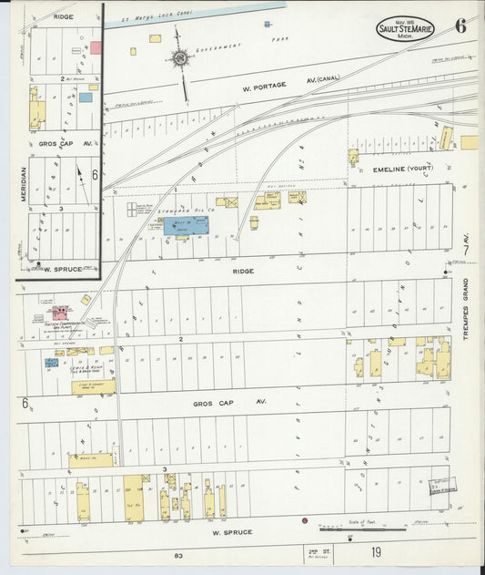 Sanborn Fire Insurance Map from Sault Sainte Marie, Chippewa County, Michigan (1915), Sheet #0006 - Historic Sanborn Fire Insurance Map Print, vintage old map wall art, antique decor, genealogy gift, Michigan Michigan map