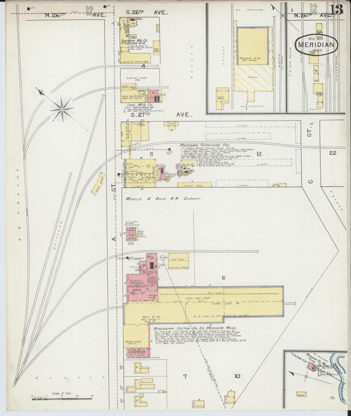 Sanborn Fire Insurance Map from Meridian, Lauderdale County, Mississippi (1893), Sheet #0013 - Complete Map Set gallery image, historic Sanborn map, vintage wall art, Mississippi Mississippi