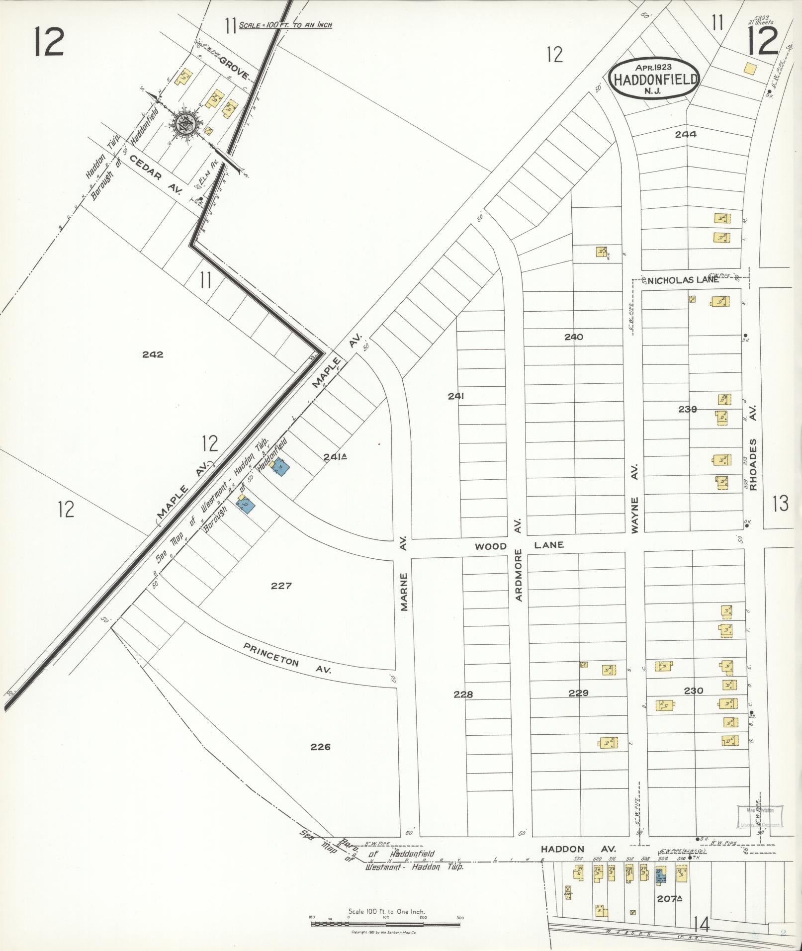 Sanborn Fire Insurance Map from Haddonfield, Camden County, New Jersey (1923), Sheet #0012 - Complete Map Set gallery image, historic Sanborn map, vintage wall art, New Jersey New Jersey