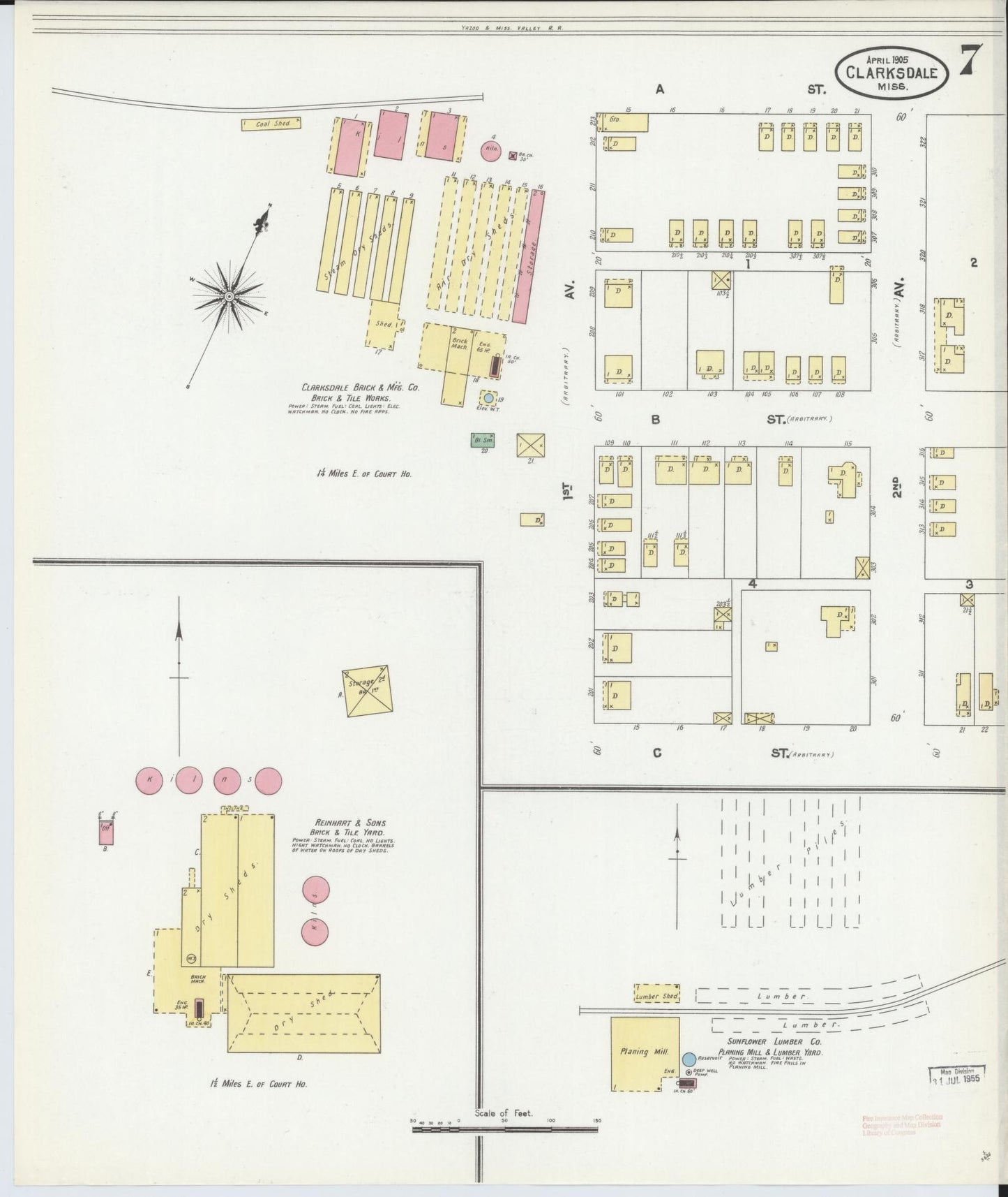 Sanborn Fire Insurance Map from Clarksdale, Coahoma County, Mississippi (1905), Sheet #0007 - Historic Sanborn Fire Insurance Map Print, vintage old map wall art, antique decor, genealogy gift, Mississippi Mississippi map