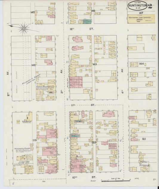 Sanborn Fire Insurance Map from Huntington, Cabell County, West Virginia (1889), Sheet #0002 - Historic Sanborn Fire Insurance Map Print, vintage old map wall art, antique decor, genealogy gift, West Virginia West Virginia map