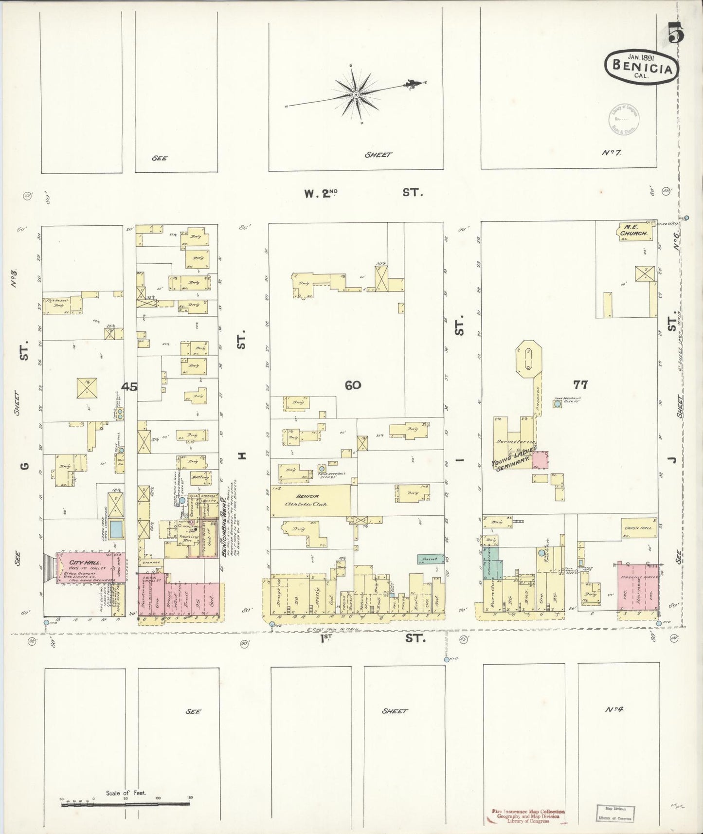 Sanborn Fire Insurance Map from Benicia, Solano County, California (1891), Sheet #0005 - Historic Sanborn Fire Insurance Map Print, vintage old map wall art, antique decor, genealogy gift, California California map