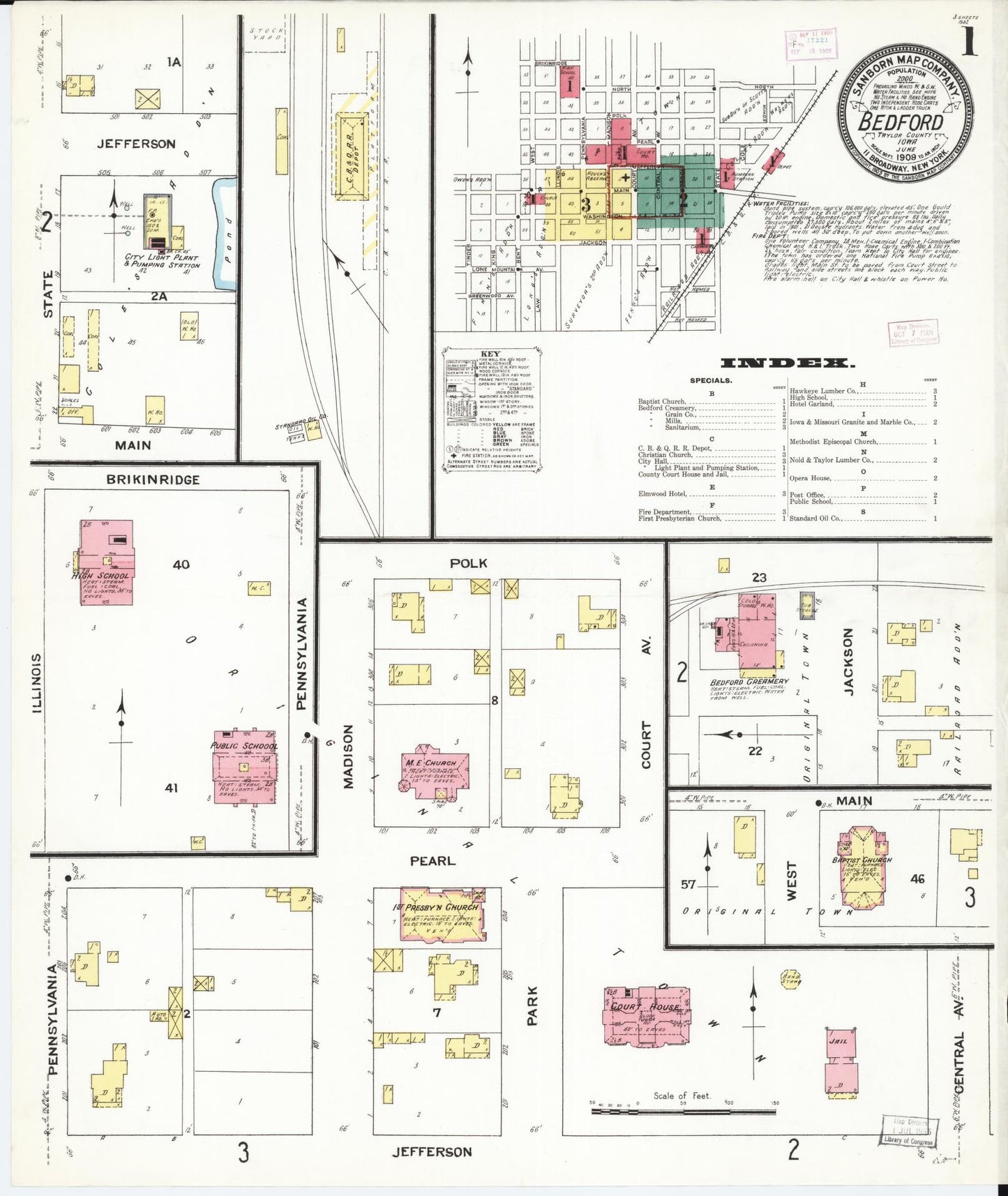 Sanborn Fire Insurance Map from Bedford, Taylor County, Iowa (1909), Sheet #0001 - Historic Sanborn Fire Insurance Map Print, vintage old map wall art