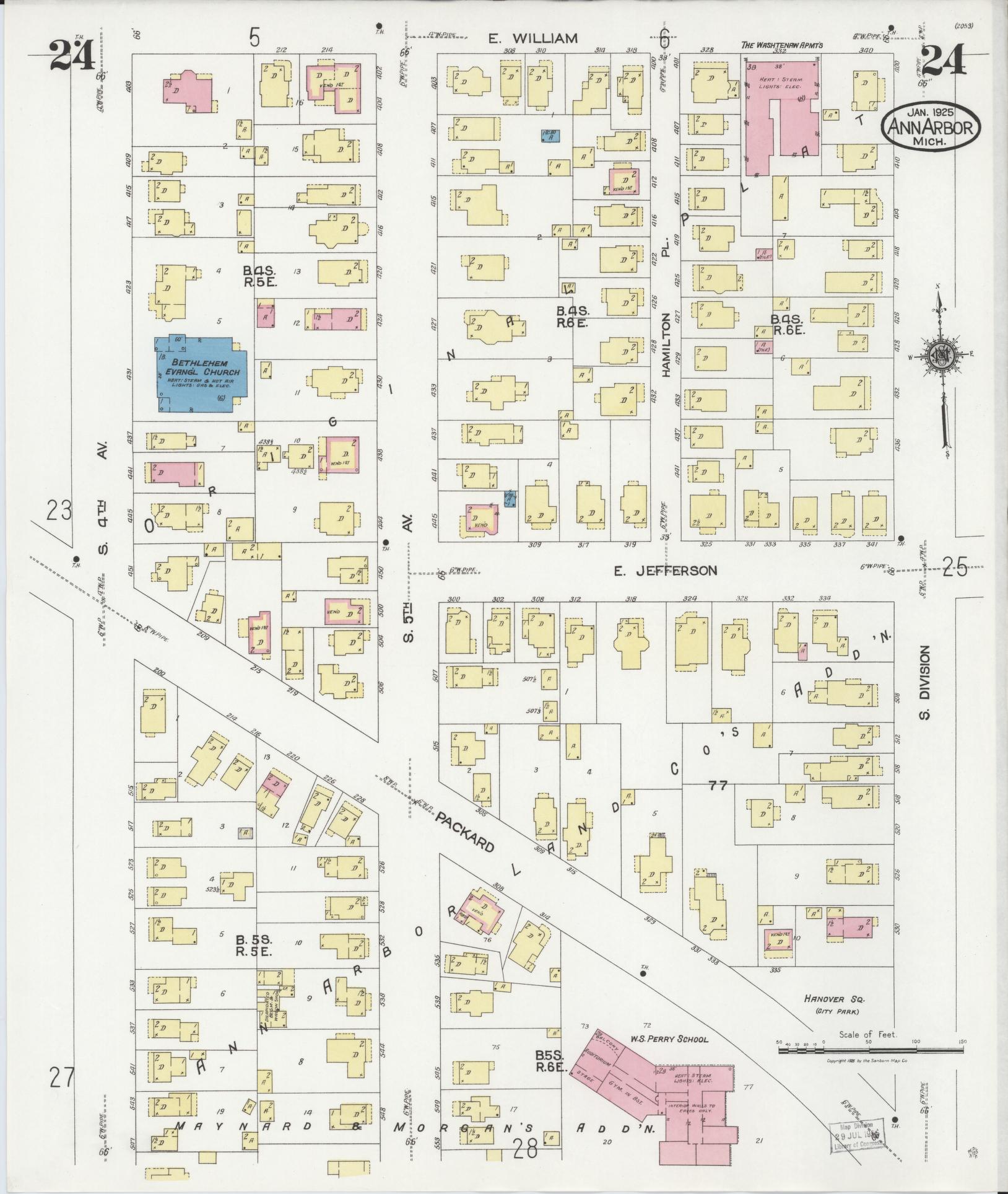 Sanborn Fire Insurance Map from Ann Arbor, Washtenaw County, Michigan (1925), Sheet #0024 - Complete Map Set gallery image, historic Sanborn map, vintage wall art, Michigan Michigan