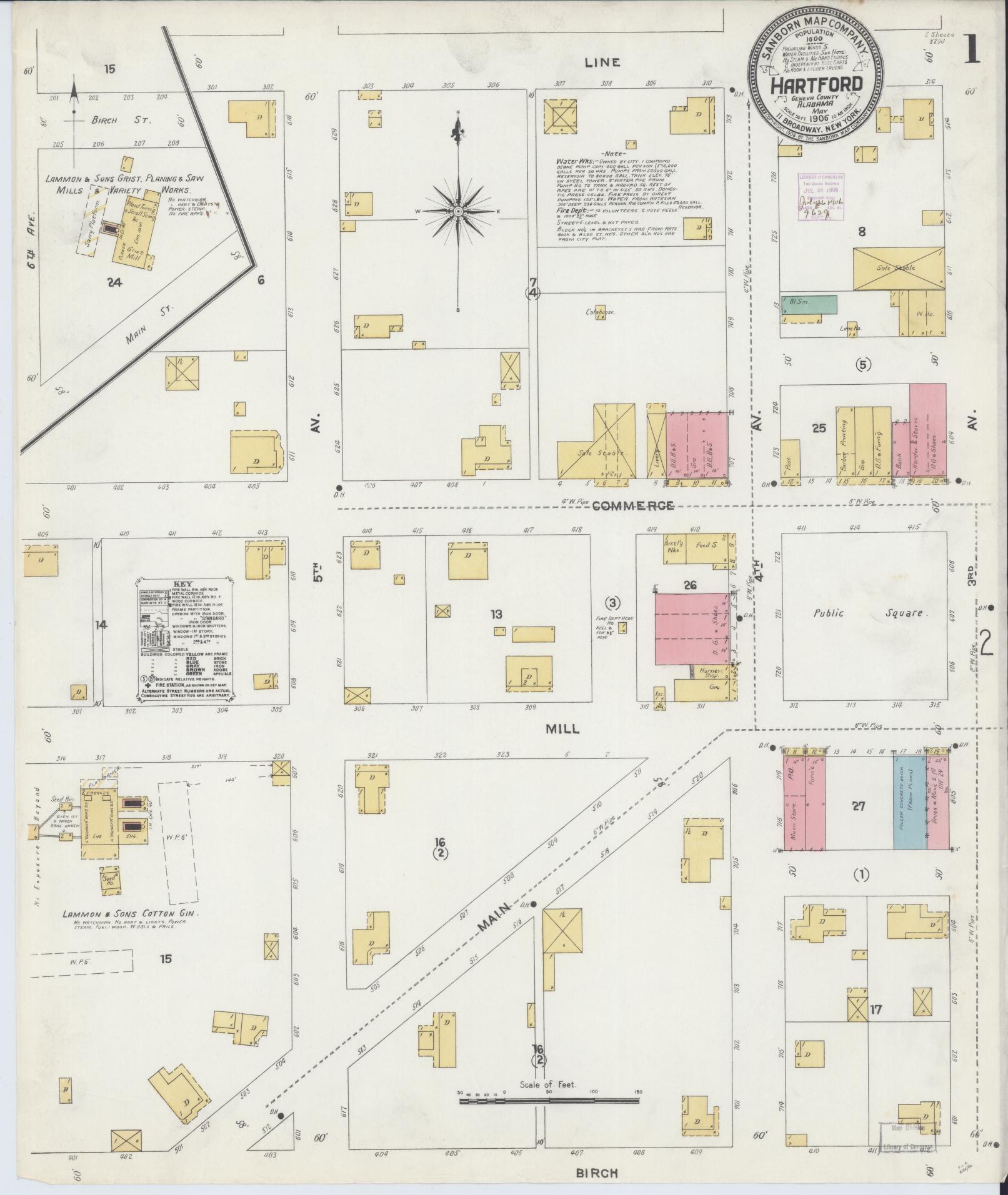 Sanborn Fire Insurance Map from Hartford, Geneva County, Alabama (1906), Sheet #0001 - Historic Sanborn Fire Insurance Map Print, vintage old map wall art, antique decor, genealogy gift, Alabama Alabama map