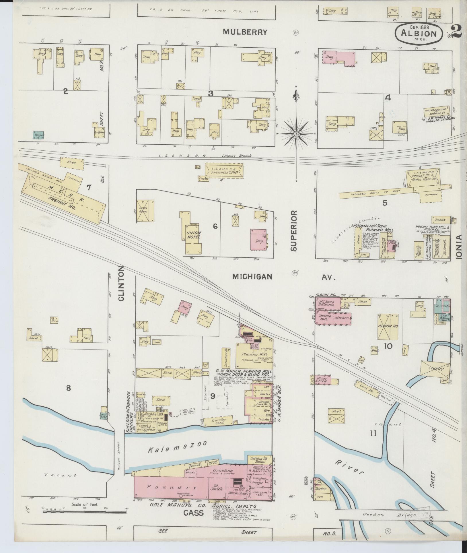 Sanborn Fire Insurance Map from Albion, Calhoun County, Michigan (1888), Sheet #0002 - Historic Sanborn Fire Insurance Map Print, vintage old map wall art, antique decor, genealogy gift, Michigan Michigan map