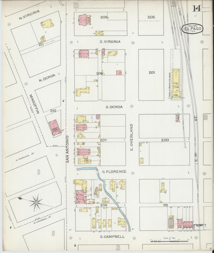Sanborn Fire Insurance Map from El Paso, El Paso County, Texas (1893), Sheet #0014 - Historic Sanborn Fire Insurance Map Print, vintage old map wall art, antique decor, genealogy gift, Texas Texas map