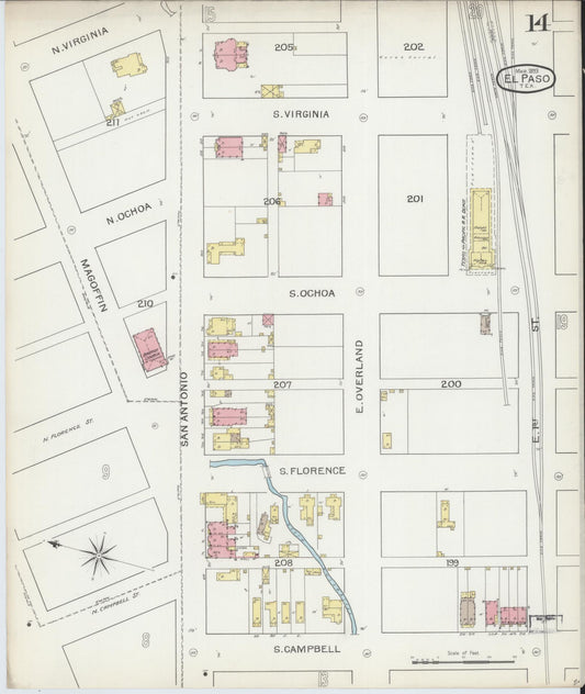 Sanborn Fire Insurance Map from El Paso, El Paso County, Texas (1893), Sheet #0014 - Historic Sanborn Fire Insurance Map Print, vintage old map wall art, antique decor, genealogy gift, Texas Texas map