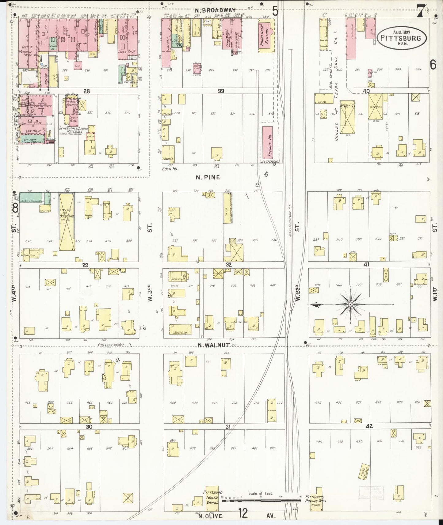 Sanborn Fire Insurance Map from Pittsburg, Crawford County, Kansas (1897), Sheet #0007 - Complete Map Set gallery image, historic Sanborn map, vintage wall art, Kansas Kansas