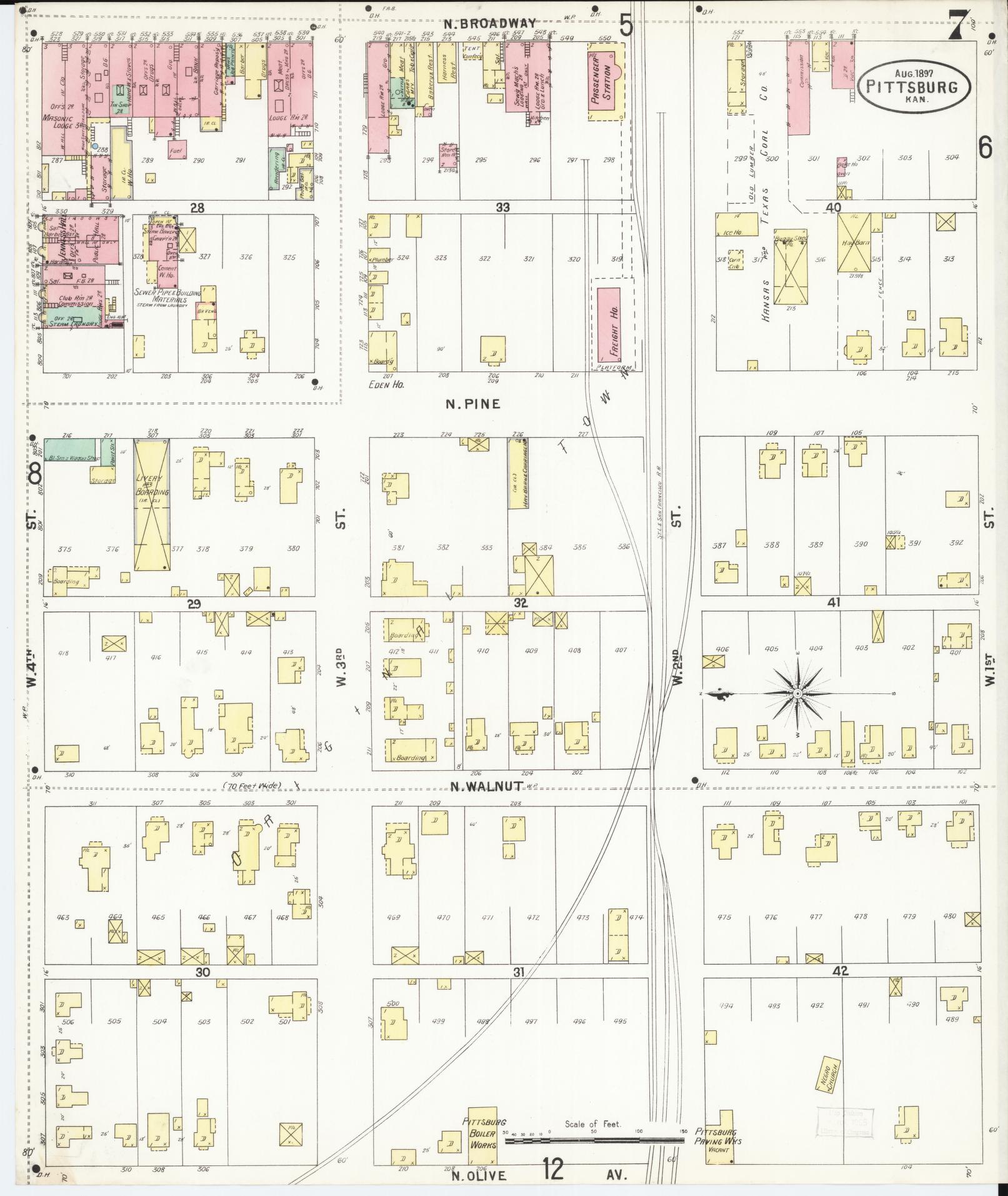 Sanborn Fire Insurance Map from Pittsburg, Crawford County, Kansas (1897), Sheet #0007 - Complete Map Set gallery image, historic Sanborn map, vintage wall art, Kansas Kansas