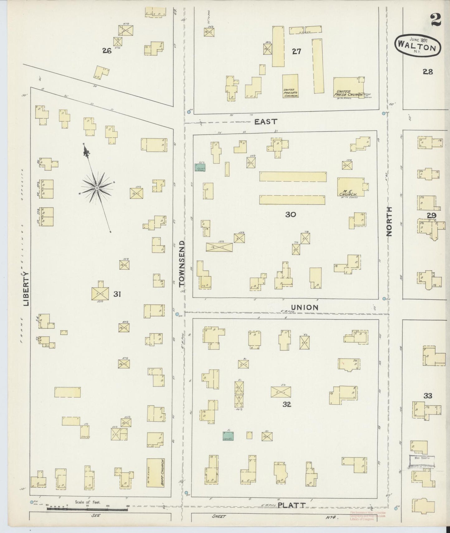 Sanborn Fire Insurance Map from Walton, Delaware County, New York (1891), Sheet #0002 - Complete Map Set gallery image, historic Sanborn map, vintage wall art, Walton Delaware