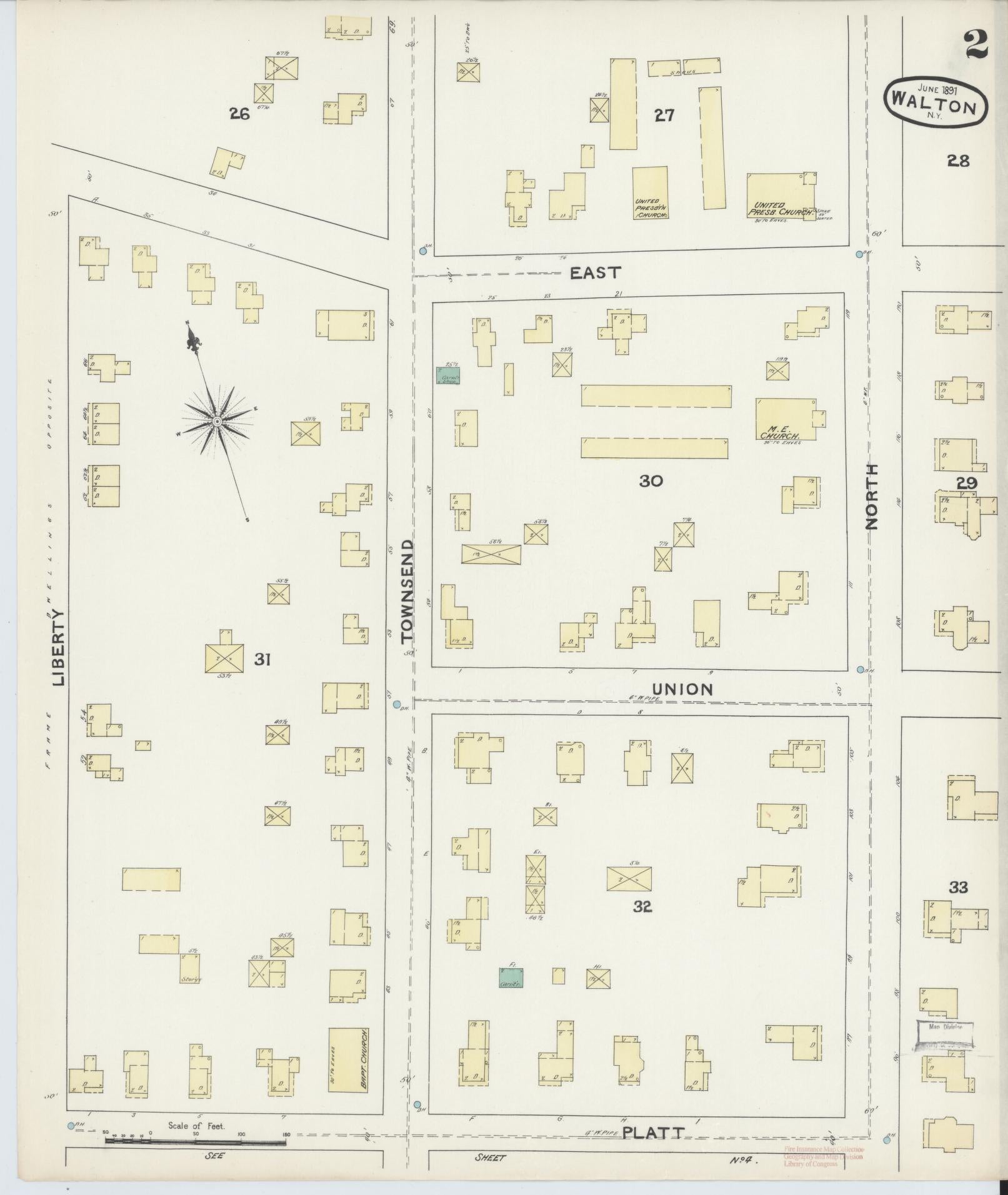 Sanborn Fire Insurance Map from Walton, Delaware County, New York (1891), Sheet #0002 - Complete Map Set gallery image, historic Sanborn map, vintage wall art, Walton Delaware
