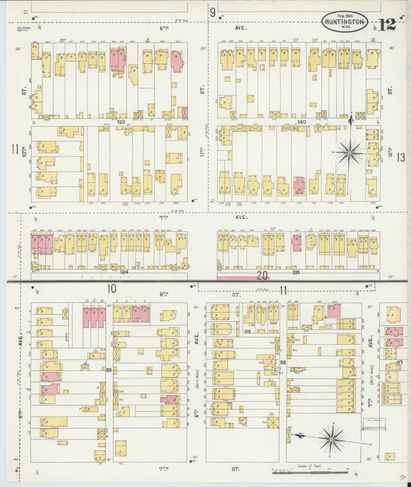 Sanborn Fire Insurance Map from Huntington, Cabell County, West Virginia (1904), Sheet #0012 - Complete Map Set gallery image, historic Sanborn map, vintage wall art, West Virginia West Virginia