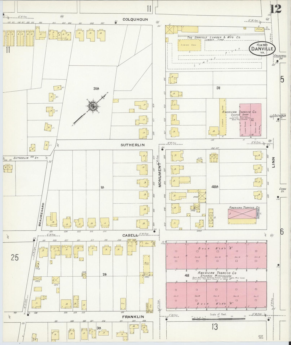 Sanborn Fire Insurance Map from Danville, Independent Cities, Virginia (1910), Sheet #0012 - Historic Sanborn Fire Insurance Map Print, vintage old map wall art, antique decor, genealogy gift, Virginia Virginia map