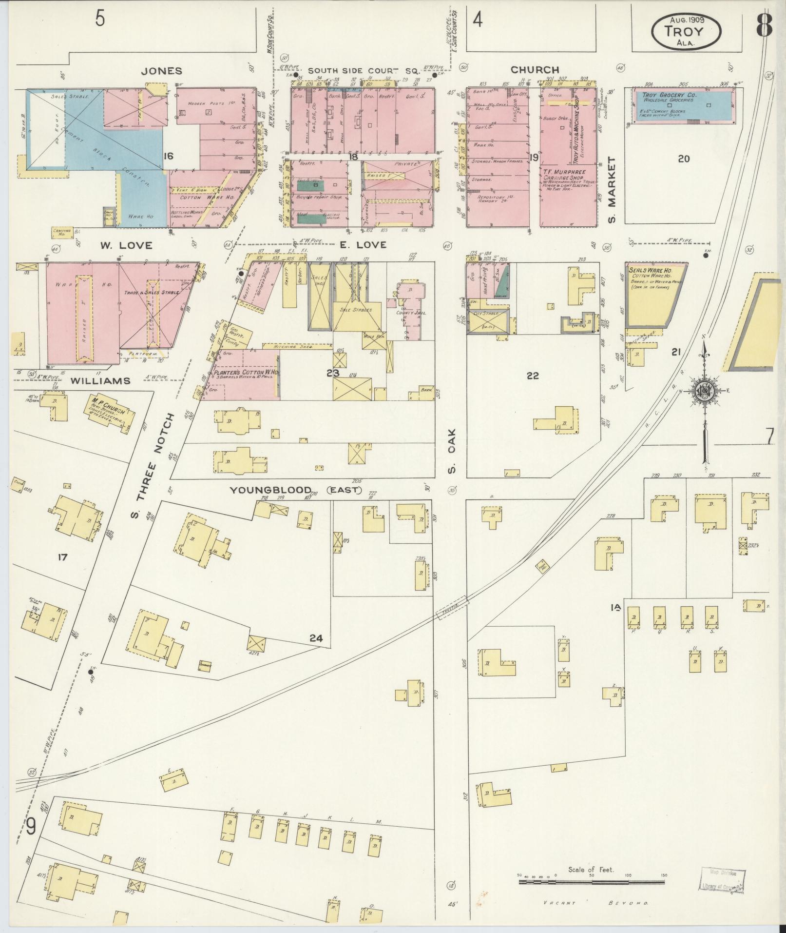 Sanborn Fire Insurance Map from Troy, Pike County, Alabama (1909), Sheet #0008 - Complete Map Set gallery image, historic Sanborn map, vintage wall art, Alabama Alabama