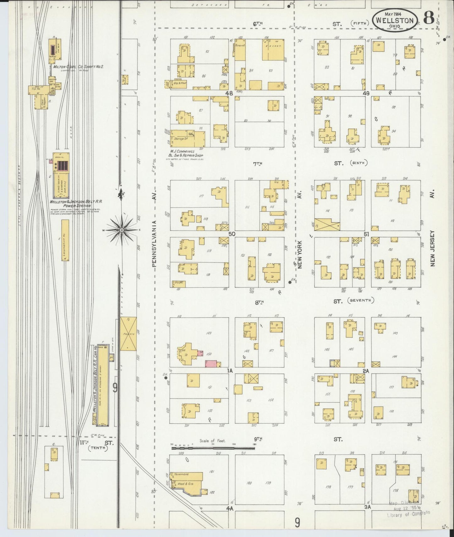Sanborn Fire Insurance Map from Wellston, Jackson County, Ohio (1904), Sheet #0008 - Historic Sanborn Fire Insurance Map Print, vintage old map wall art, antique decor, genealogy gift, Ohio Ohio map