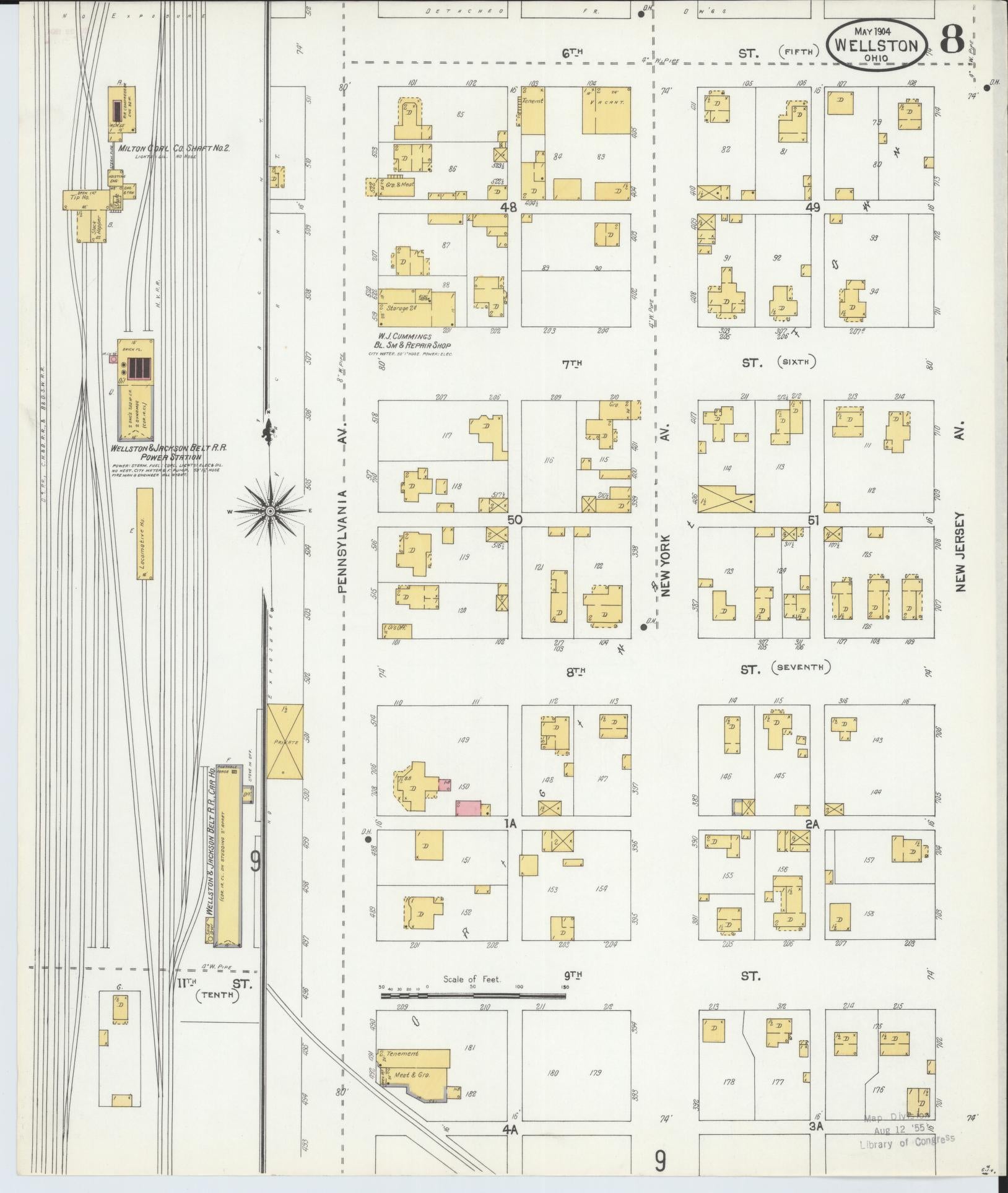 Sanborn Fire Insurance Map from Wellston, Jackson County, Ohio (1904), Sheet #0008 - Historic Sanborn Fire Insurance Map Print, vintage old map wall art, antique decor, genealogy gift, Ohio Ohio map