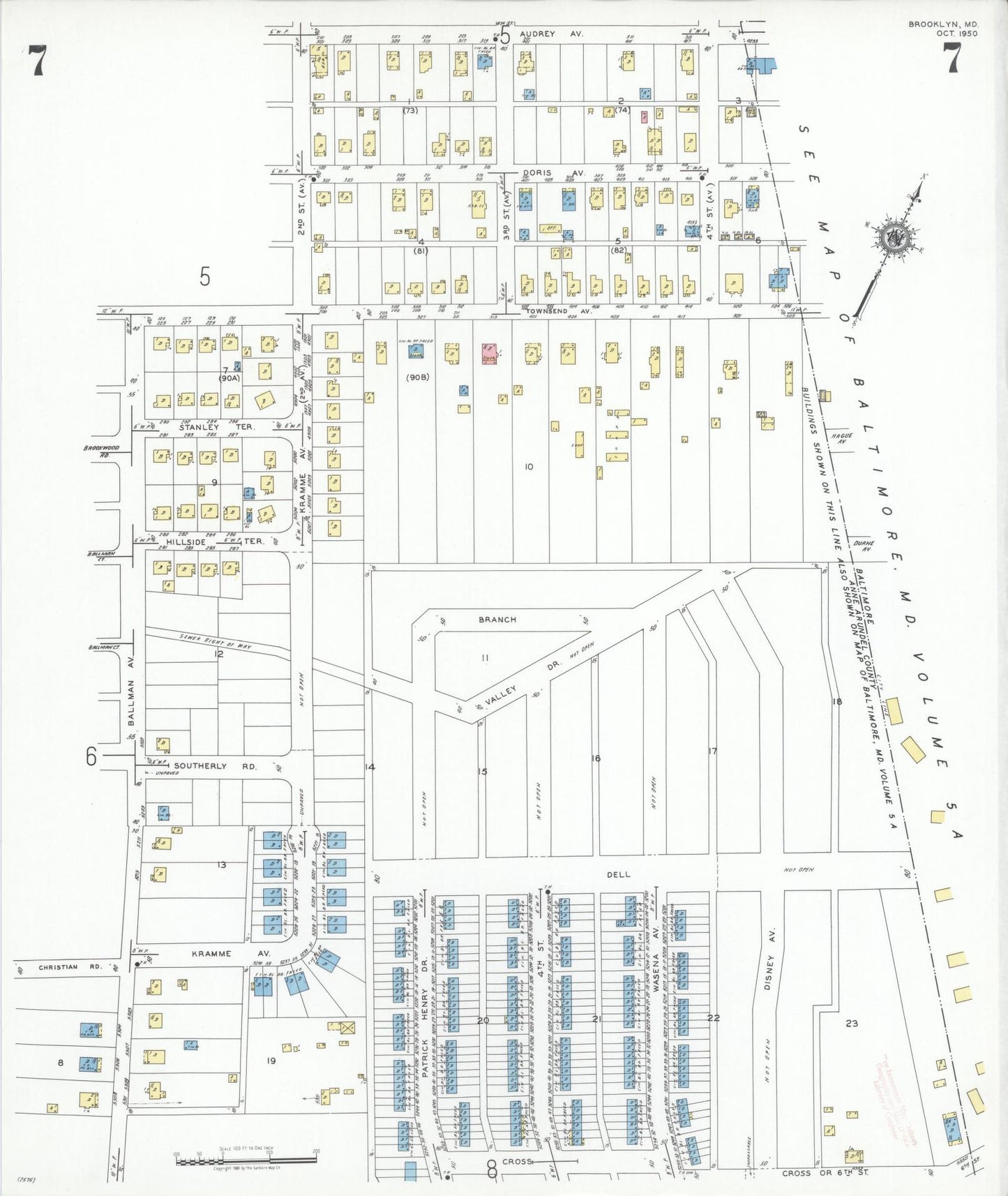 Sanborn Fire Insurance Map from Brooklyn, Anne Arundel County, Maryland (1950), Sheet #0007 - Historic Sanborn Fire Insurance Map Print, vintage old map wall art, antique decor, genealogy gift, Maryland Maryland map