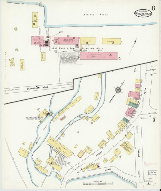 Sanborn Fire Insurance Map from Winchendon, Worcester County, Massachusetts (1909), Sheet #0008 - Historic Sanborn Fire Insurance Map Print, vintage old map wall art, antique decor, genealogy gift, Massachusetts Massachusetts map