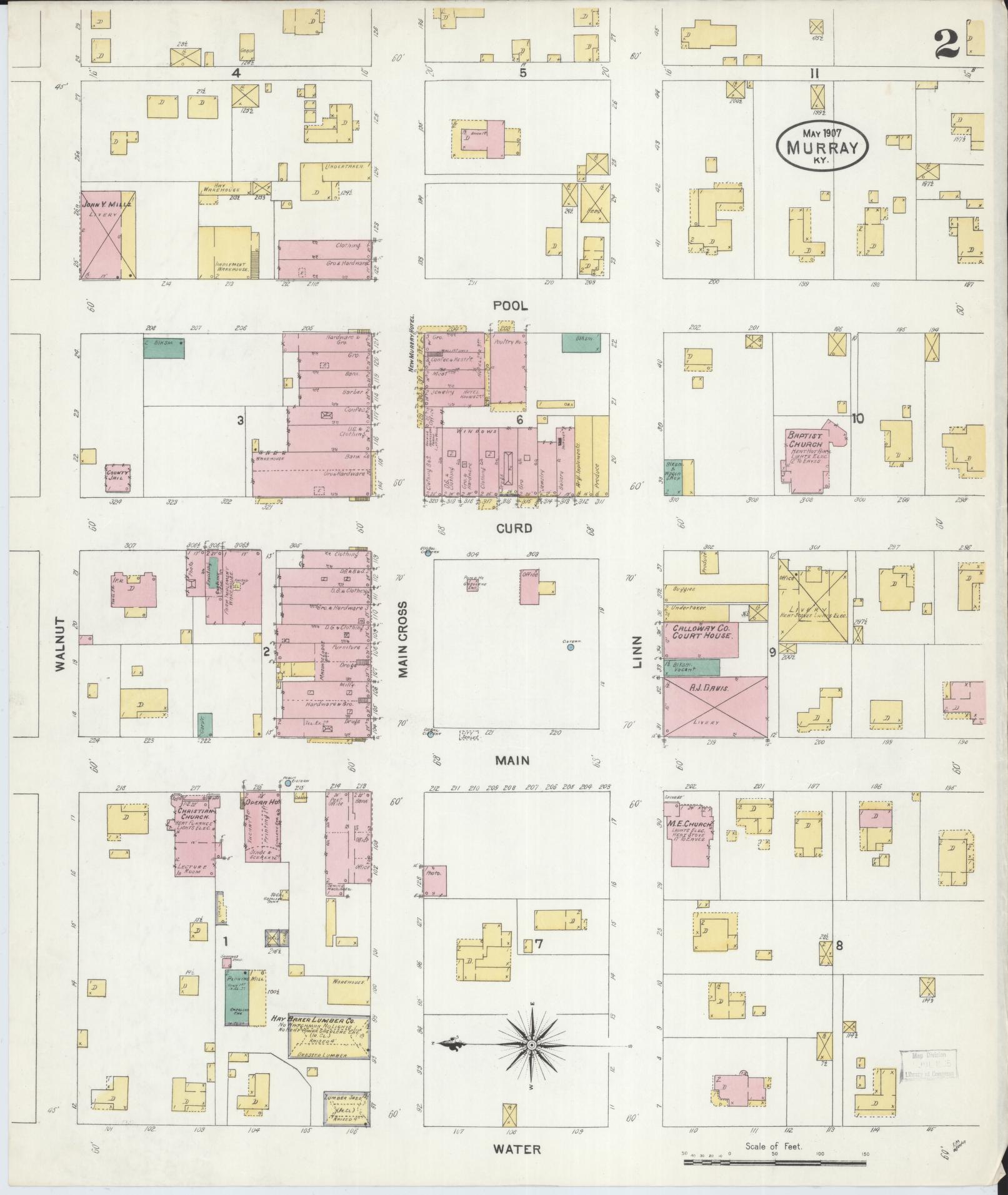 Sanborn Fire Insurance Map from Murray, Calloway County, Kentucky (1907), Sheet #0002 - Historic Sanborn Fire Insurance Map Print, vintage old map wall art, antique decor, genealogy gift, Kentucky Kentucky map