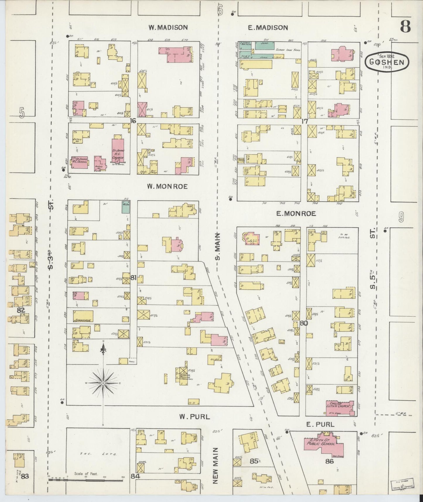 Sanborn Fire Insurance Map from Goshen, Elkhart County, Indiana (1892), Sheet #0008 - Historic Sanborn Fire Insurance Map Print, vintage old map wall art, antique decor, genealogy gift, Indiana Indiana map