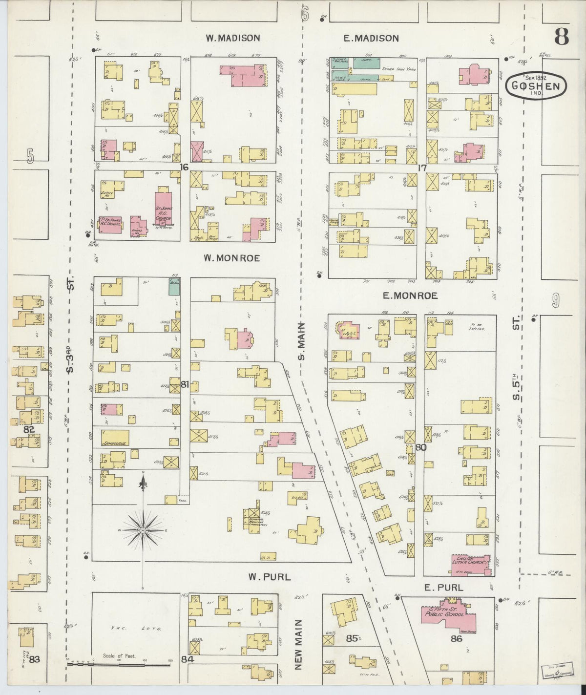 Sanborn Fire Insurance Map from Goshen, Elkhart County, Indiana (1892), Sheet #0008 - Historic Sanborn Fire Insurance Map Print, vintage old map wall art, antique decor, genealogy gift, Indiana Indiana map