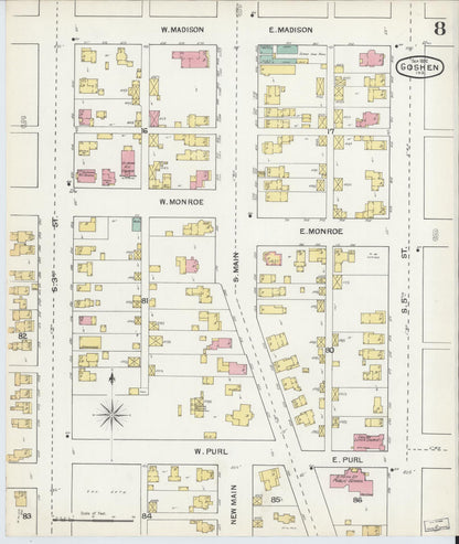Sanborn Fire Insurance Map from Goshen, Elkhart County, Indiana (1892), Sheet #0008 - Historic Sanborn Fire Insurance Map Print, vintage old map wall art, antique decor, genealogy gift, Indiana Indiana map