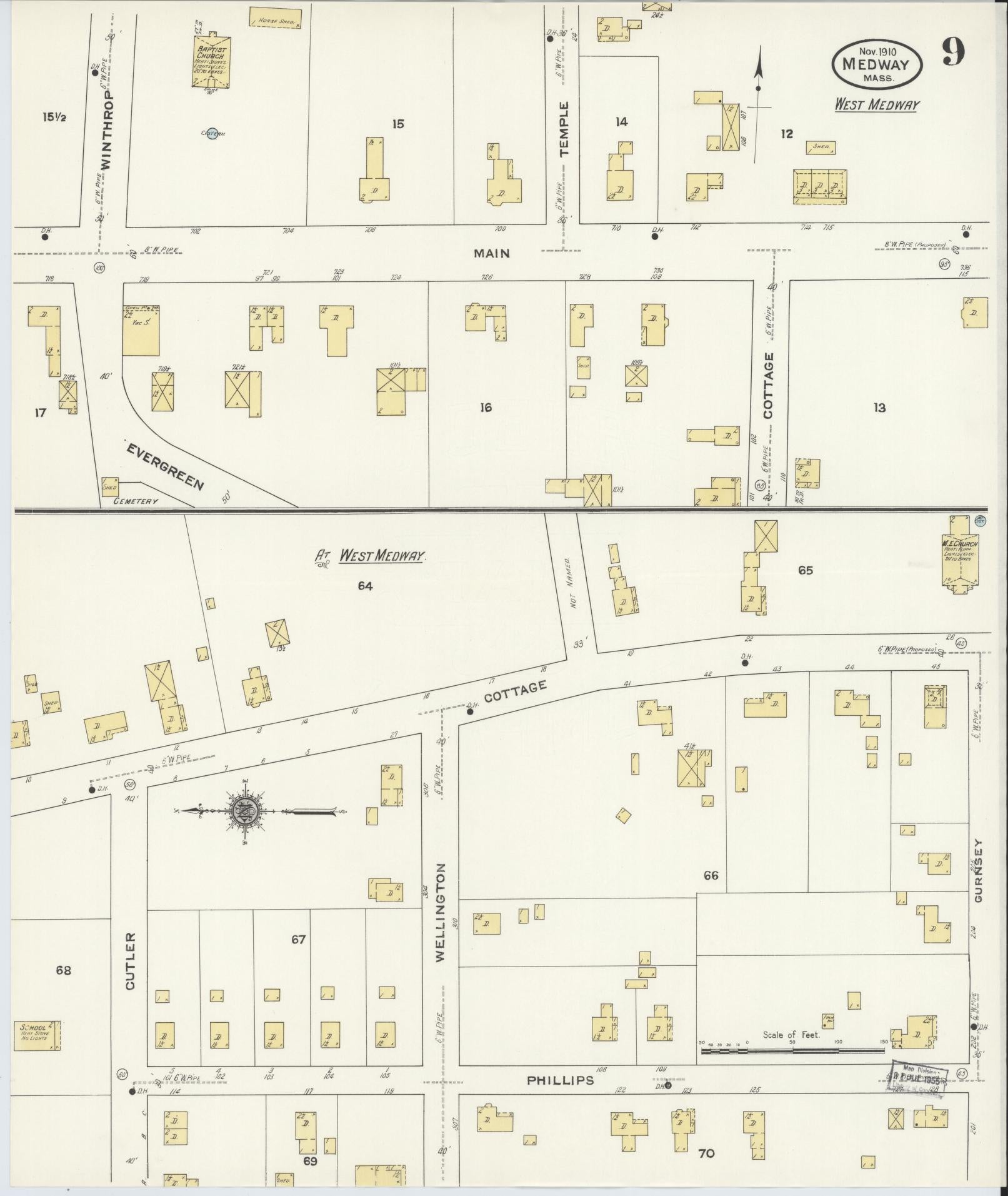 Sanborn Fire Insurance Map from Medway, Norfolk County, Massachusetts (1910), Sheet #0009 - Historic Sanborn Fire Insurance Map Print, vintage old map wall art, antique decor, genealogy gift, Massachusetts Massachusetts map