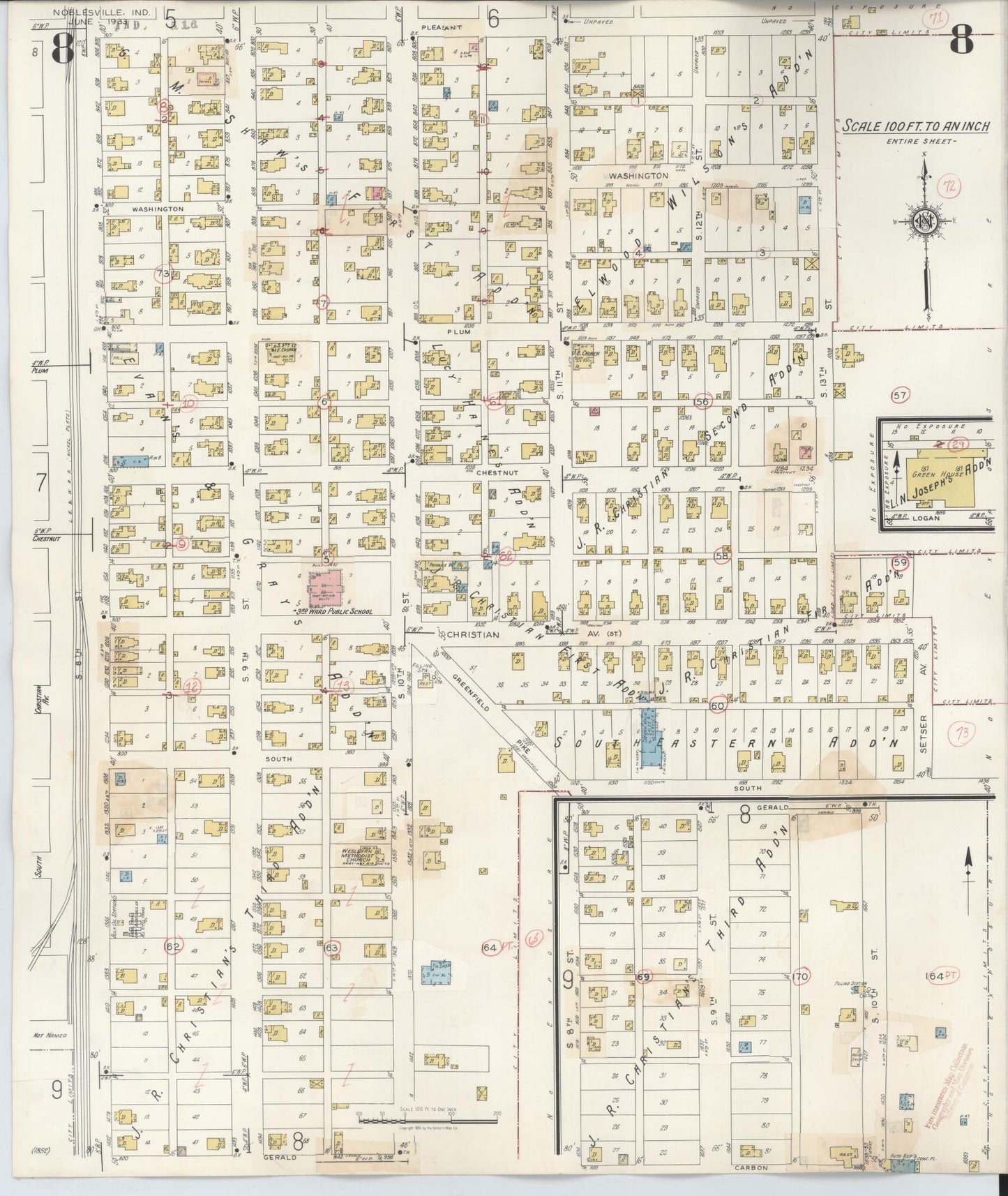 Sanborn Fire Insurance Map from Noblesville, Hamilton County, Indiana (1947), Sheet #0008 - Historic Sanborn Fire Insurance Map Print, vintage old map wall art, antique decor, genealogy gift, Indiana Indiana map