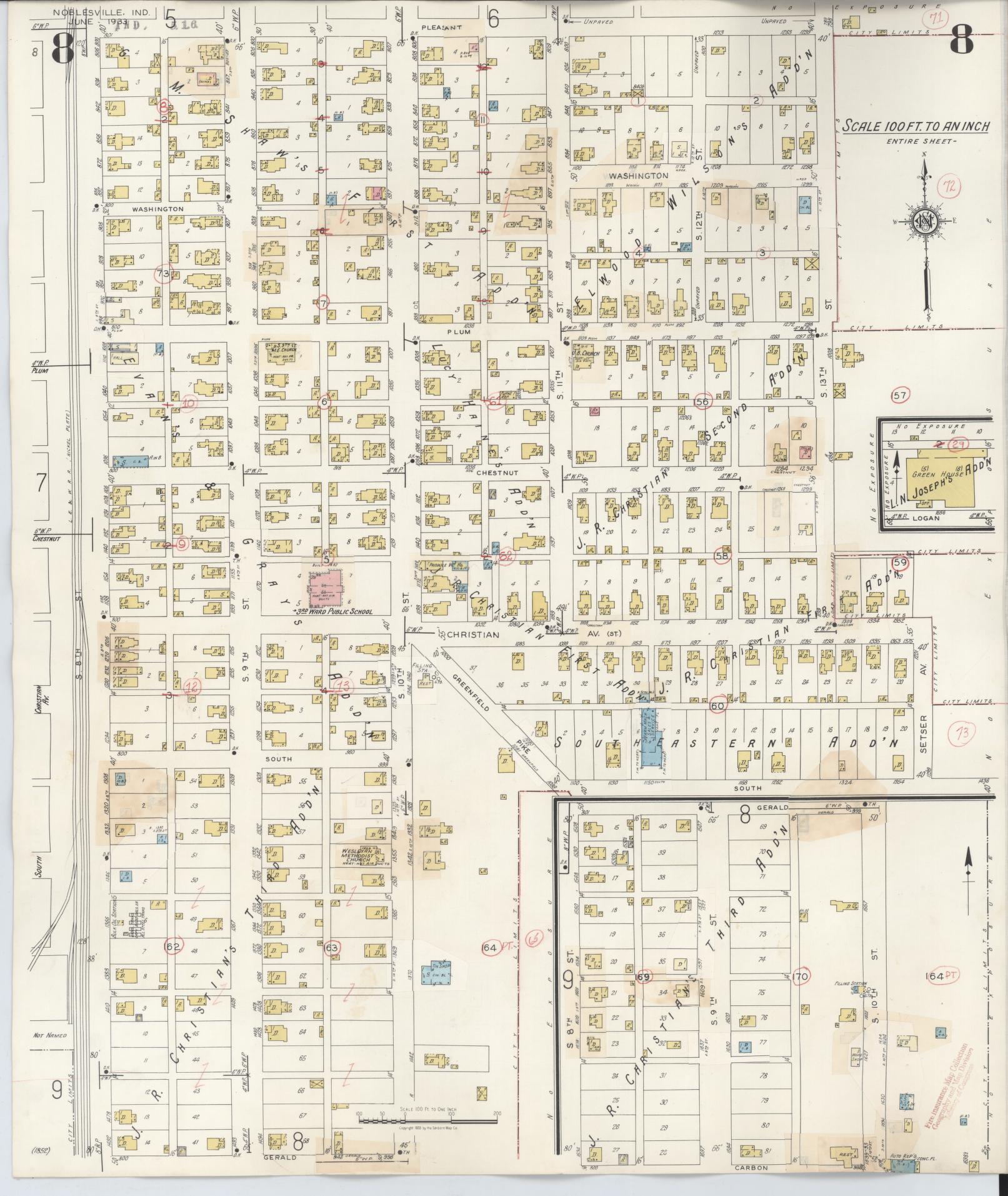Sanborn Fire Insurance Map from Noblesville, Hamilton County, Indiana (1947), Sheet #0008 - Historic Sanborn Fire Insurance Map Print, vintage old map wall art, antique decor, genealogy gift, Indiana Indiana map