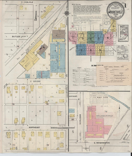 Sanborn Fire Insurance Map from Mooresville, Morgan County, Indiana (1932), Sheet #0001 - Historic Sanborn Fire Insurance Map Print, vintage old map wall art, antique decor, genealogy gift, Indiana Indiana map