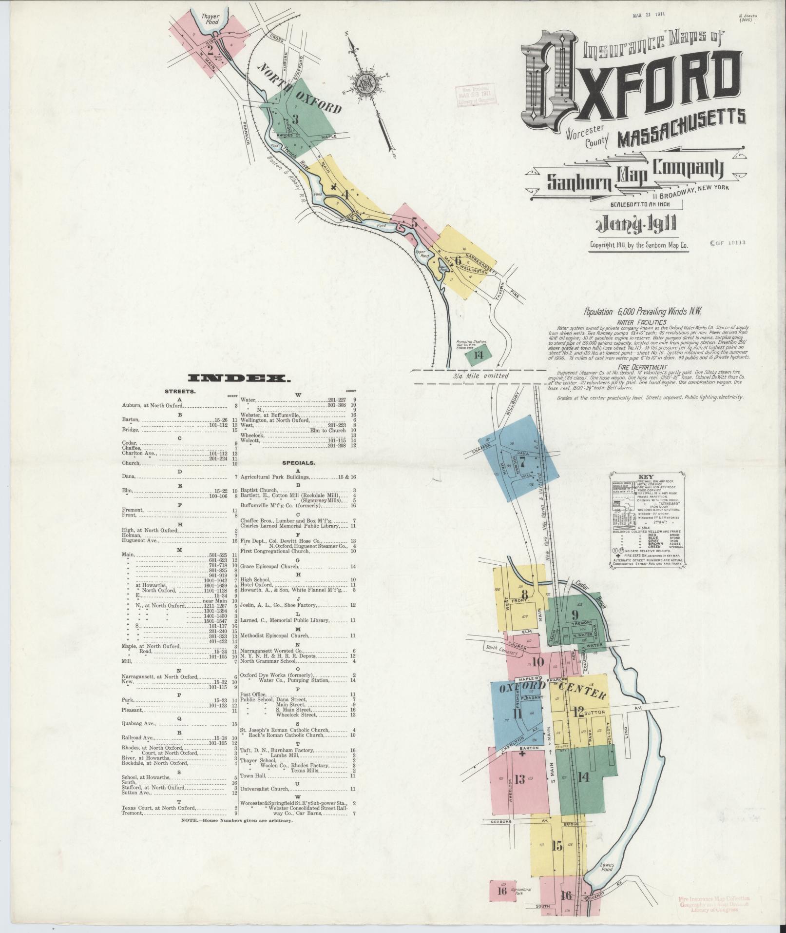 Sanborn Fire Insurance Map from Oxford, Worcester County, Massachusetts. (1911) – Historic Sanborn Fire Insurance Map Print