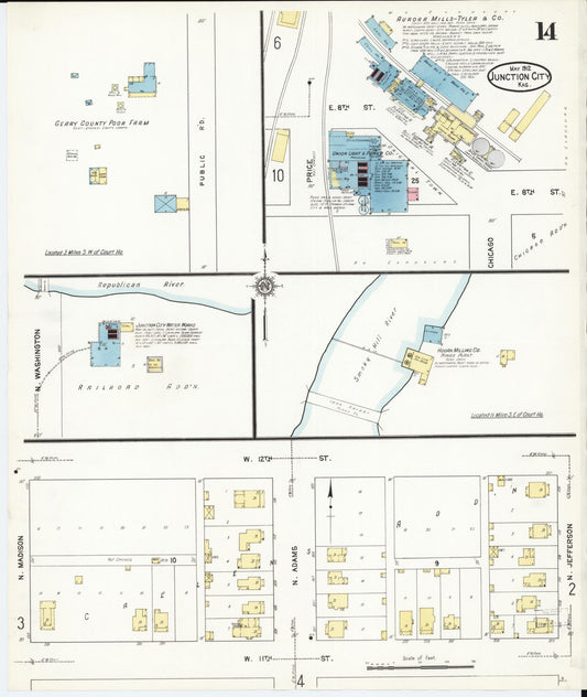 Sanborn Fire Insurance Map from Junction City, Geary County, Kansas (1912), Sheet #0014 - Historic Sanborn Fire Insurance Map Print, vintage old map wall art, antique decor, genealogy gift, Kansas Kansas map