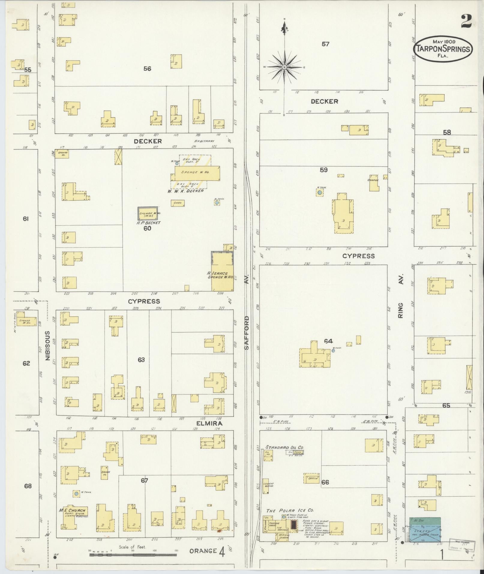 Sanborn Fire Insurance Map from Tarpon Springs, Pinellas County, Florida (1909), Sheet #0002 - Complete Map Set gallery image, historic Sanborn map, vintage wall art, Florida Florida