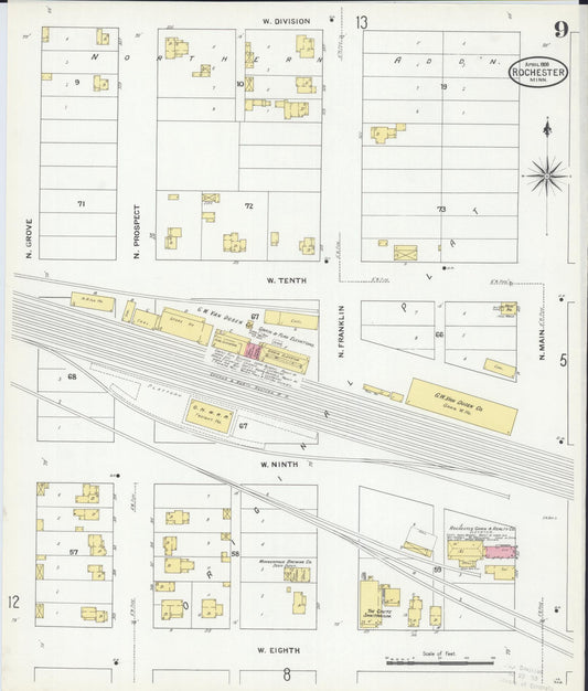 Sanborn Fire Insurance Map from Rochester, Olmsted County, Minnesota (1909), Sheet #0009 - Historic Sanborn Fire Insurance Map Print, vintage old map wall art, antique decor, genealogy gift, Minnesota Minnesota map