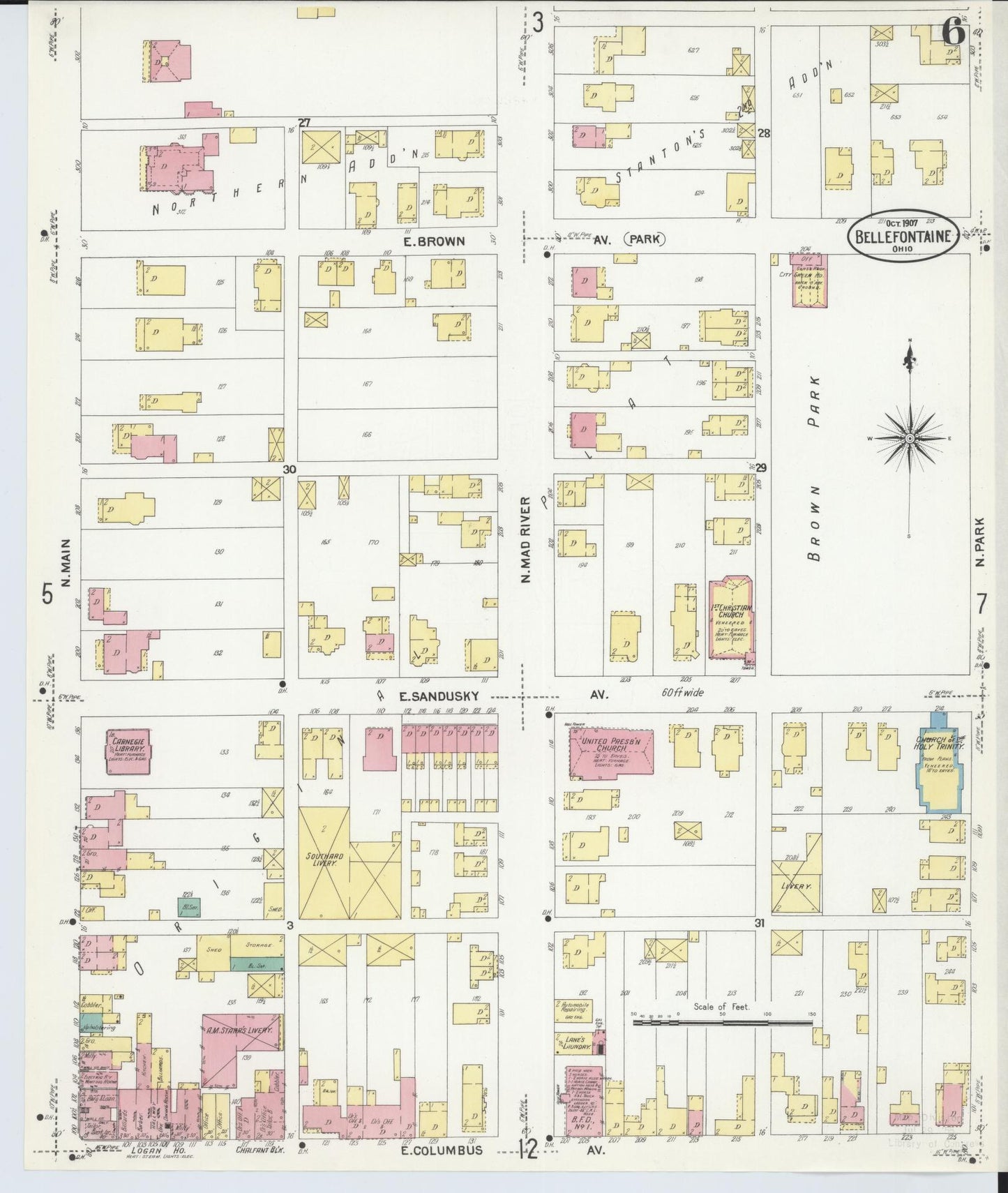 Sanborn Fire Insurance Map from Bellefontaine, Logan County, Ohio (1907), Sheet #0006 - Historic Sanborn Fire Insurance Map Print, vintage old map wall art, antique decor, genealogy gift, Ohio Ohio map