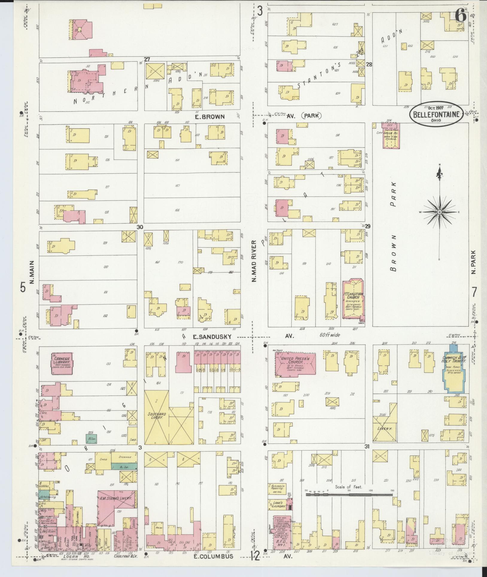 Sanborn Fire Insurance Map from Bellefontaine, Logan County, Ohio (1907), Sheet #0006 - Historic Sanborn Fire Insurance Map Print, vintage old map wall art, antique decor, genealogy gift, Ohio Ohio map