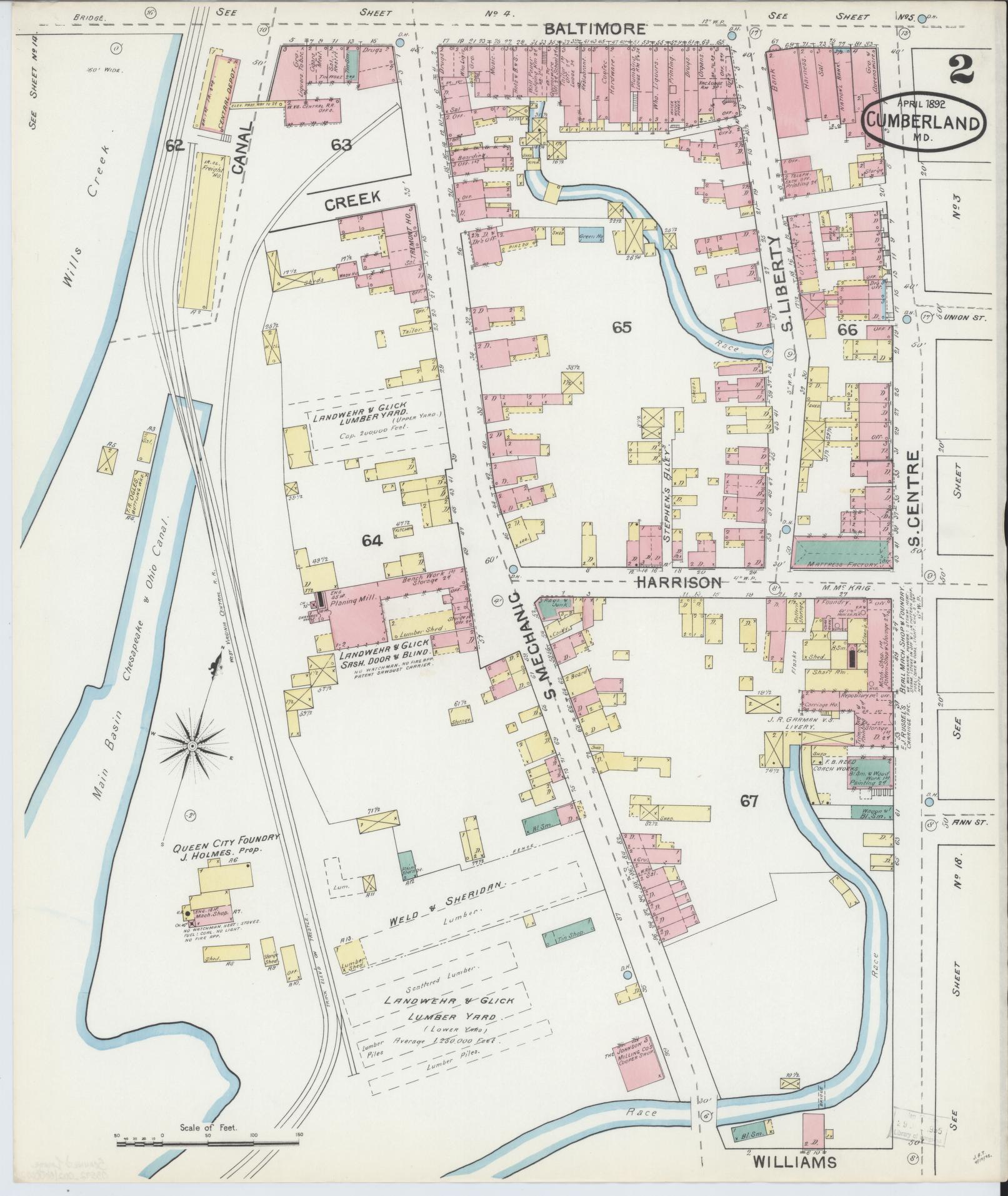 Sanborn Fire Insurance Map from Cumberland, Allegany County, Maryland (1892), Sheet #0002 - Historic Sanborn Fire Insurance Map Print, vintage old map wall art, antique decor, genealogy gift, Maryland Maryland map