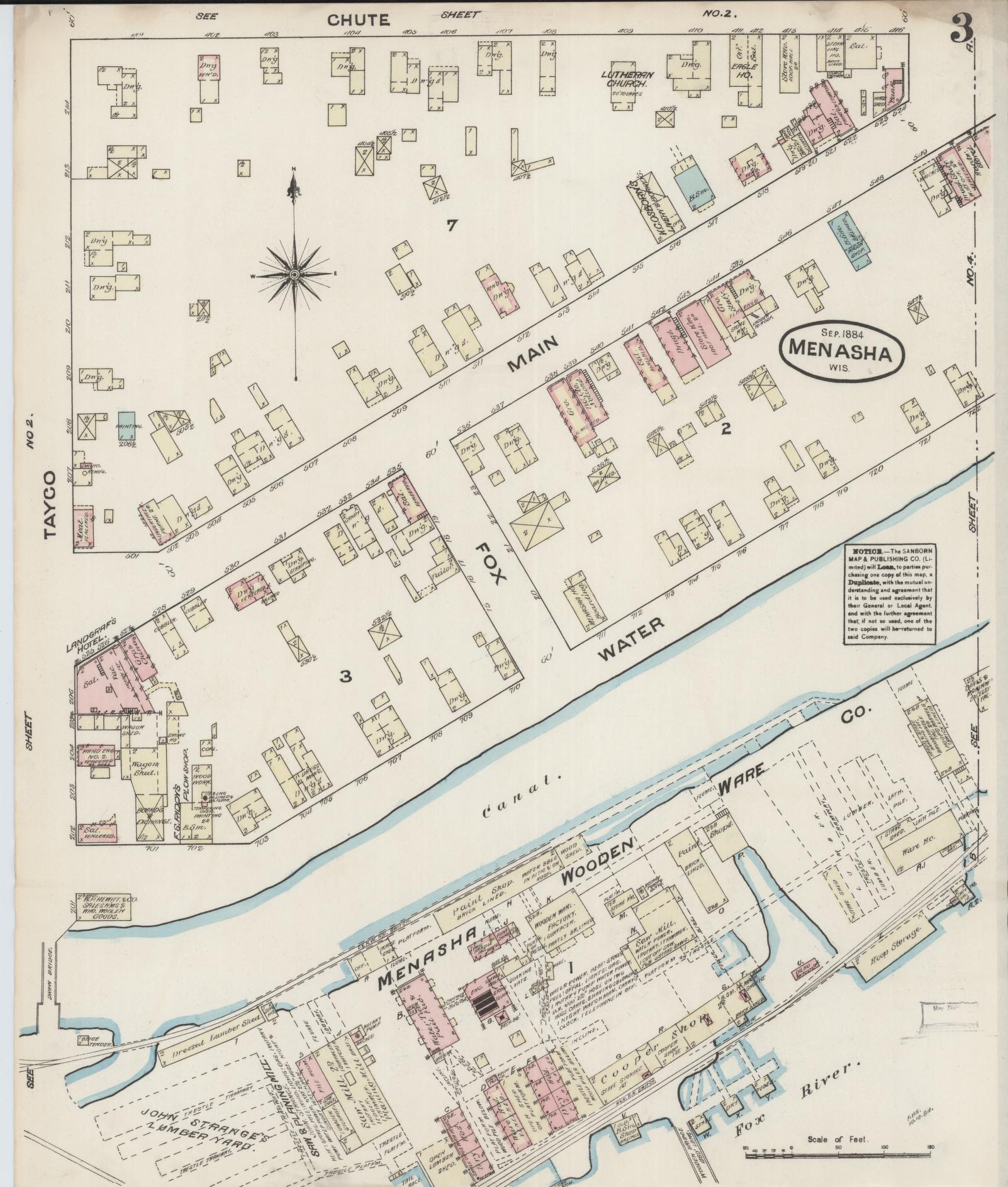 Sanborn Fire Insurance Map from Menasha, Winnebago County, Wisconsin (1884), Sheet #0003 - Complete Map Set gallery image, historic Sanborn map, vintage wall art, Wisconsin Wisconsin