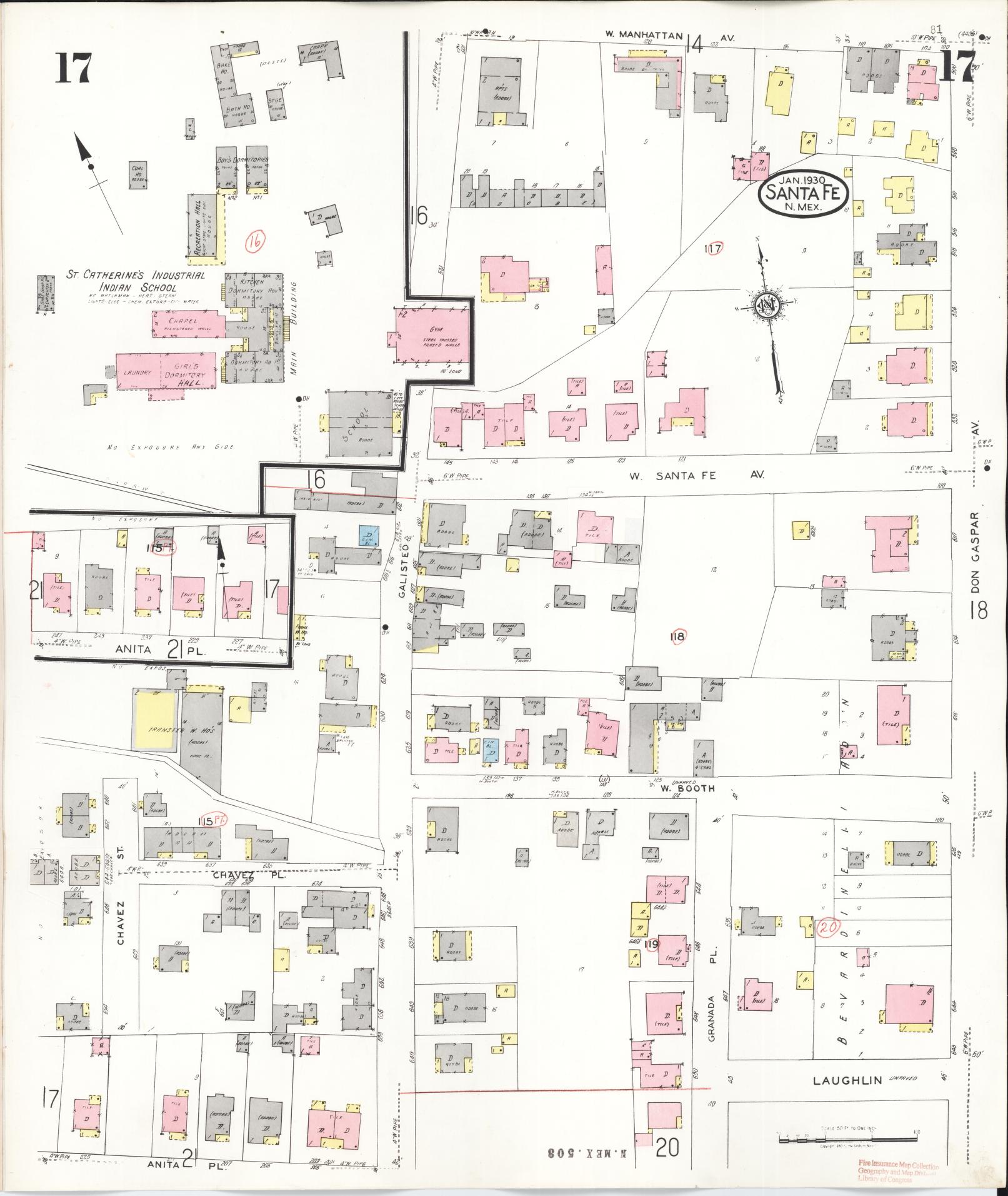 Sanborn Fire Insurance Map from Santa Fe, Santa Fe County, New Mexico (1948), Sheet #0017 - Historic Sanborn Fire Insurance Map Print, vintage old map wall art, antique decor, genealogy gift, New Mexico New Mexico map